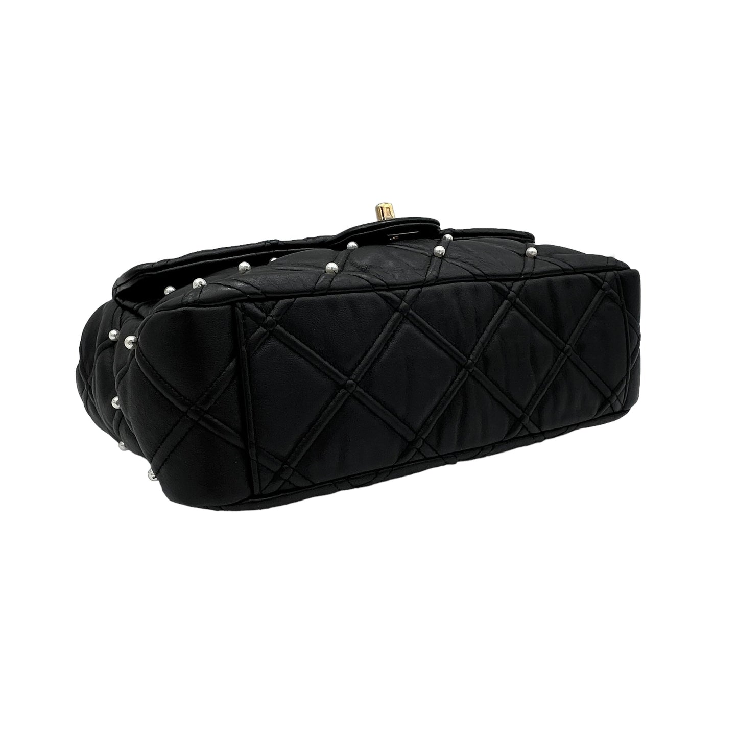 Pearl studded flap Medium Black Crossbody Bag in Calfskin, Gold hardware