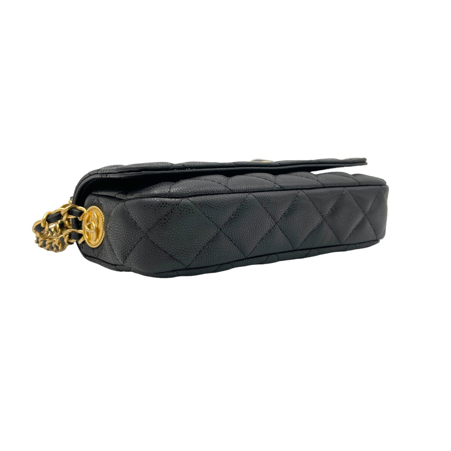 Twist Your Buttons Black Wallet On Chain in Caviar Leather, Gold hardware