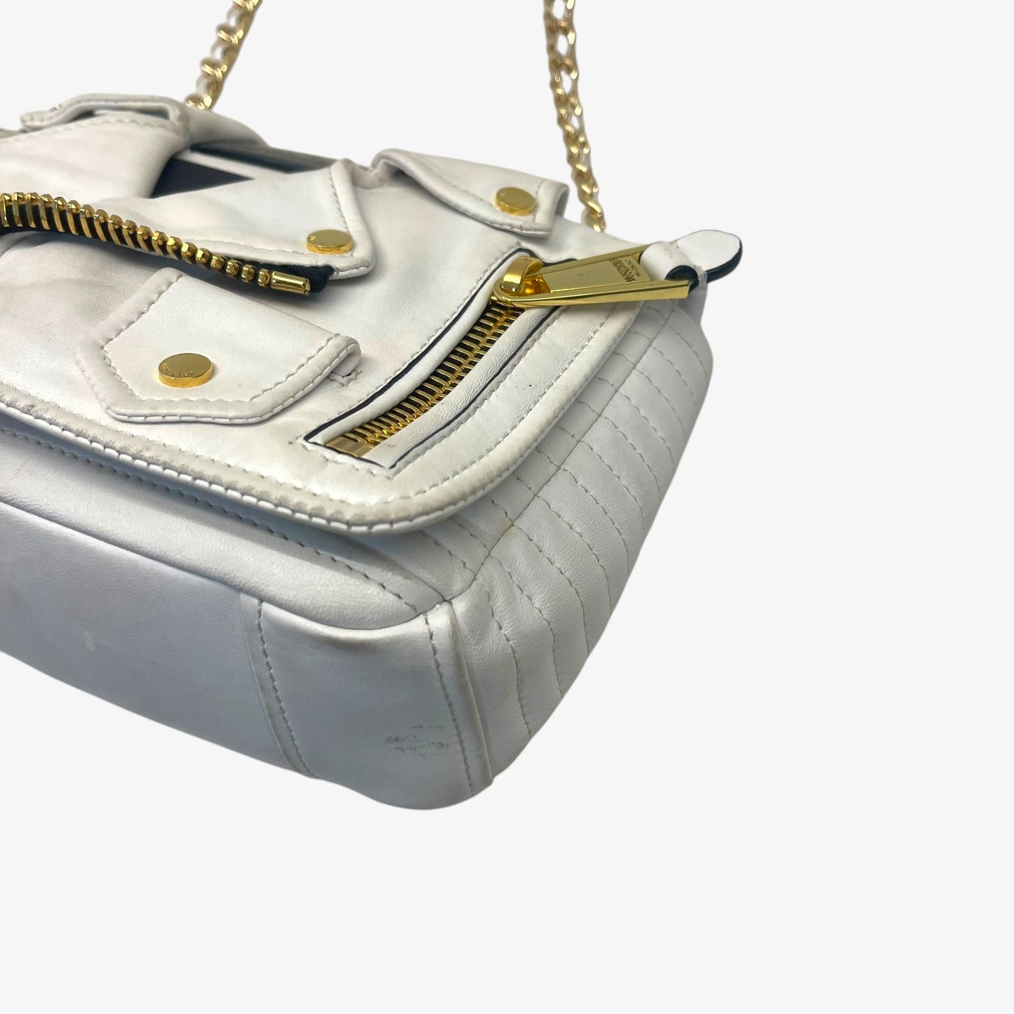 Moschino White Leather Capsule Biker Jacket Shoulder Bag