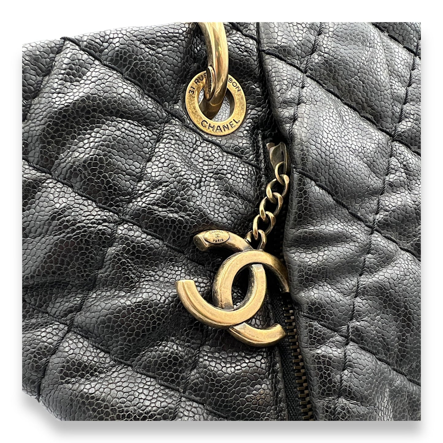 Coco Pleats Black Shoulder Bag in Caviar Leather, Gold hardware