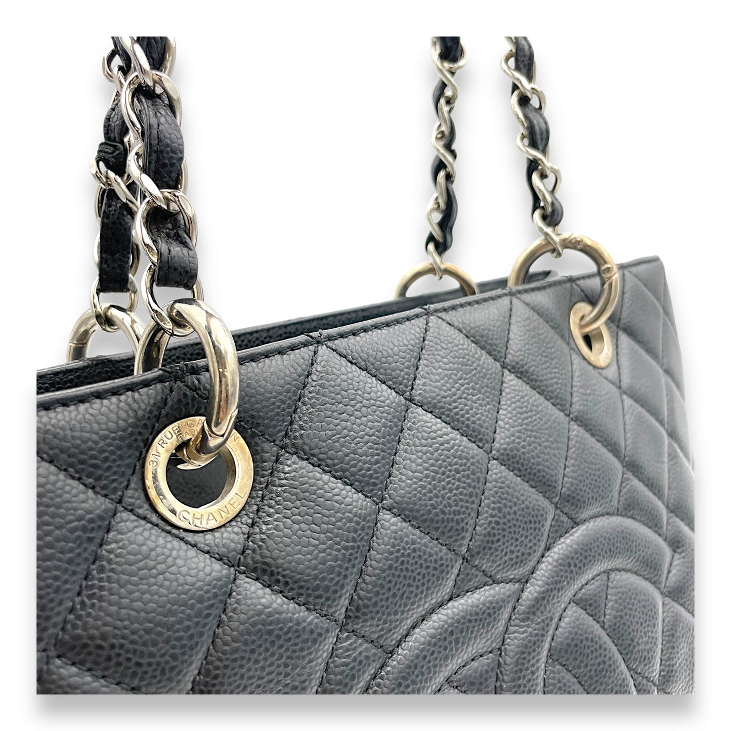 GST Black Tote Bag in Caviar Leather, Silver hardware