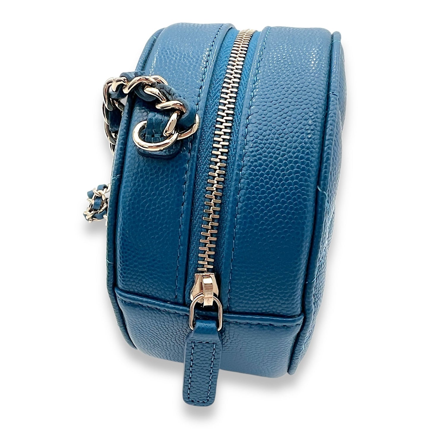 CC Quilted Pearl Crush Round Blue Crossbody Bag in Caviar Leather, Gold hardware