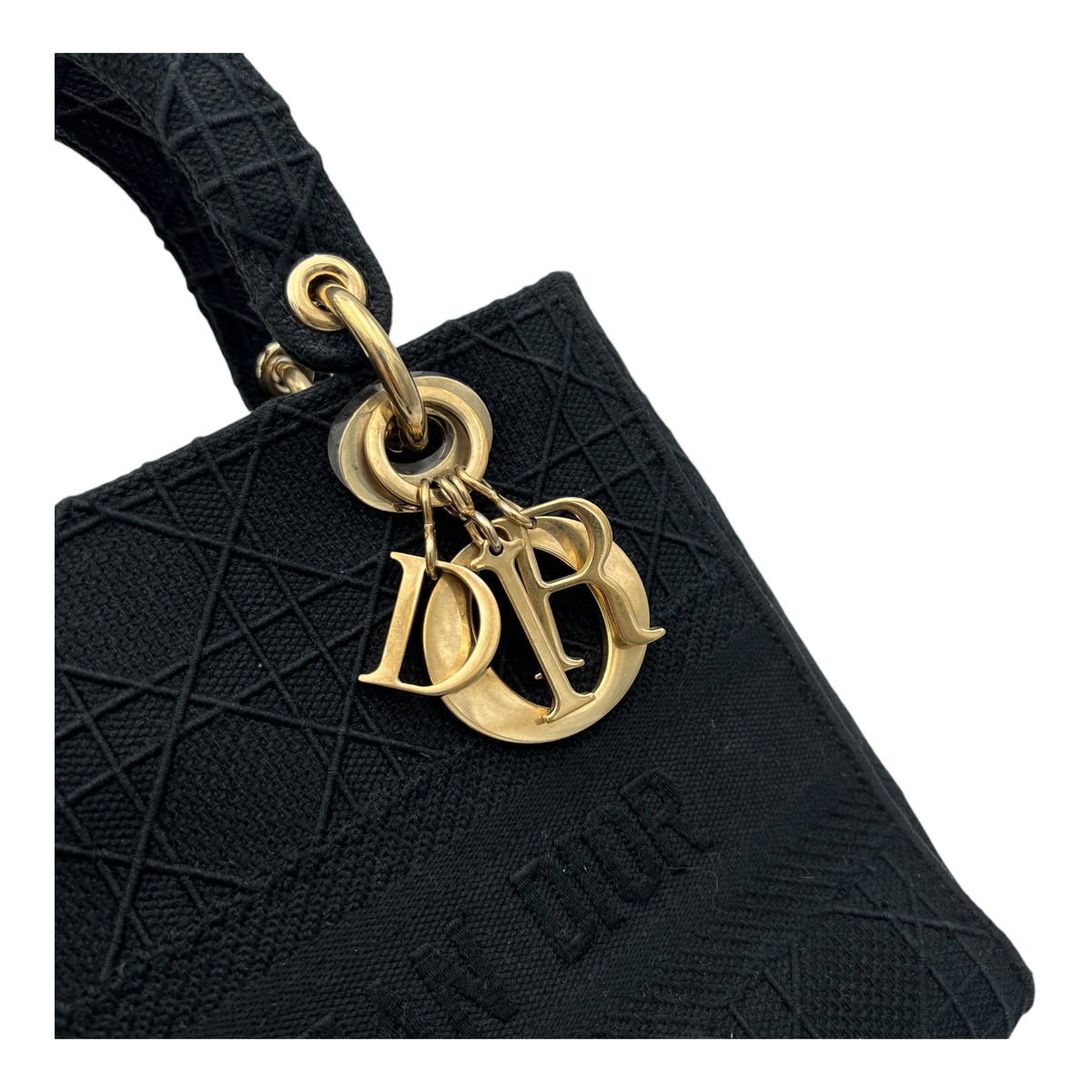 Lady D-Lite Medium Black Top Handle Bag in Canvas, Gold hardware