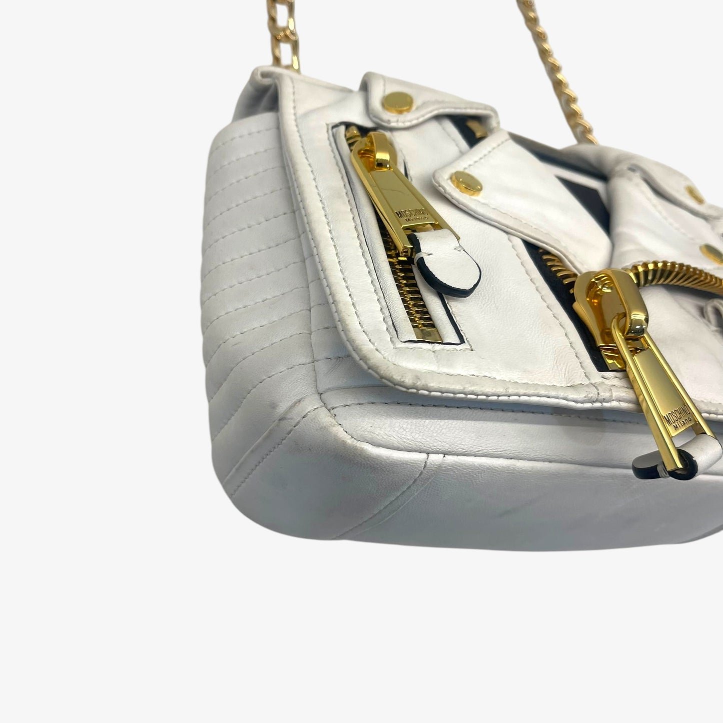 Moschino White Leather Capsule Biker Jacket Shoulder Bag