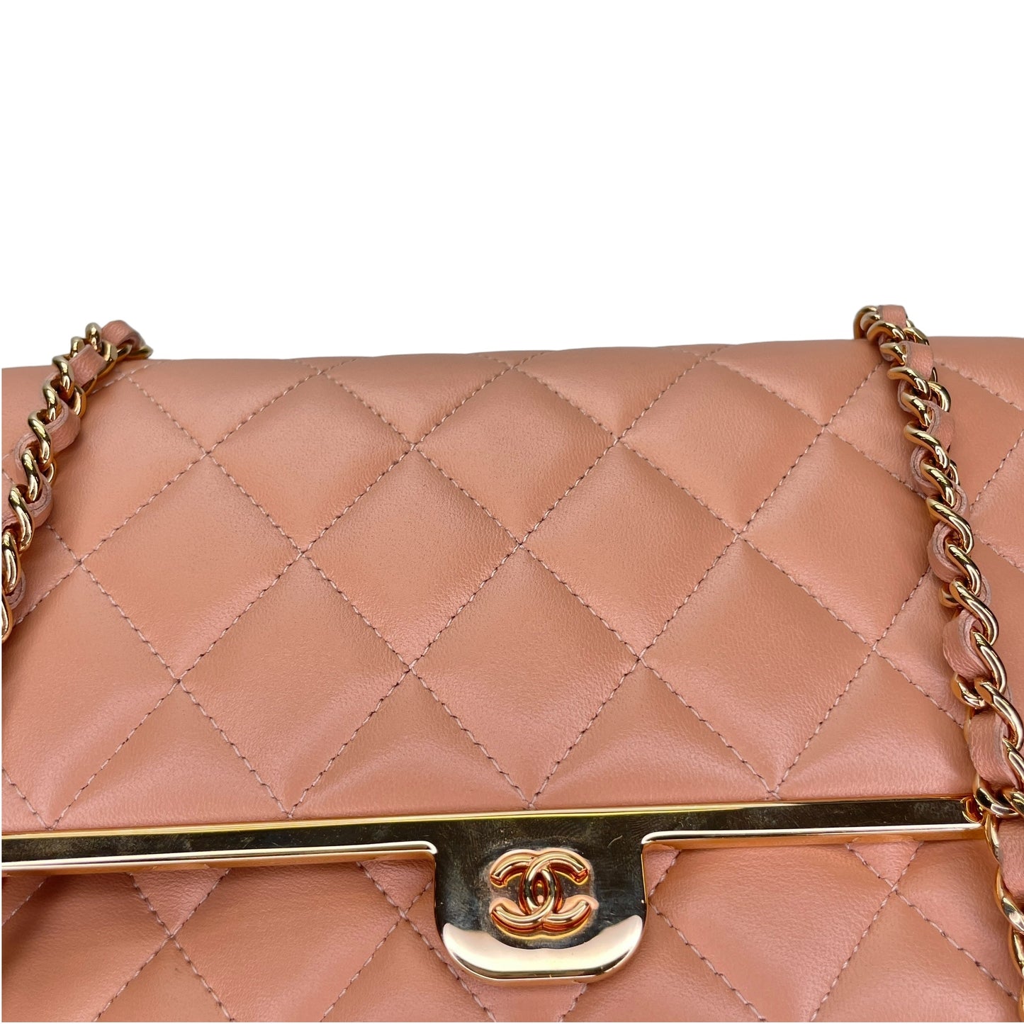 Quilted Frame Pink Wallet on Chain in Lambskin, Rose Gold hardware