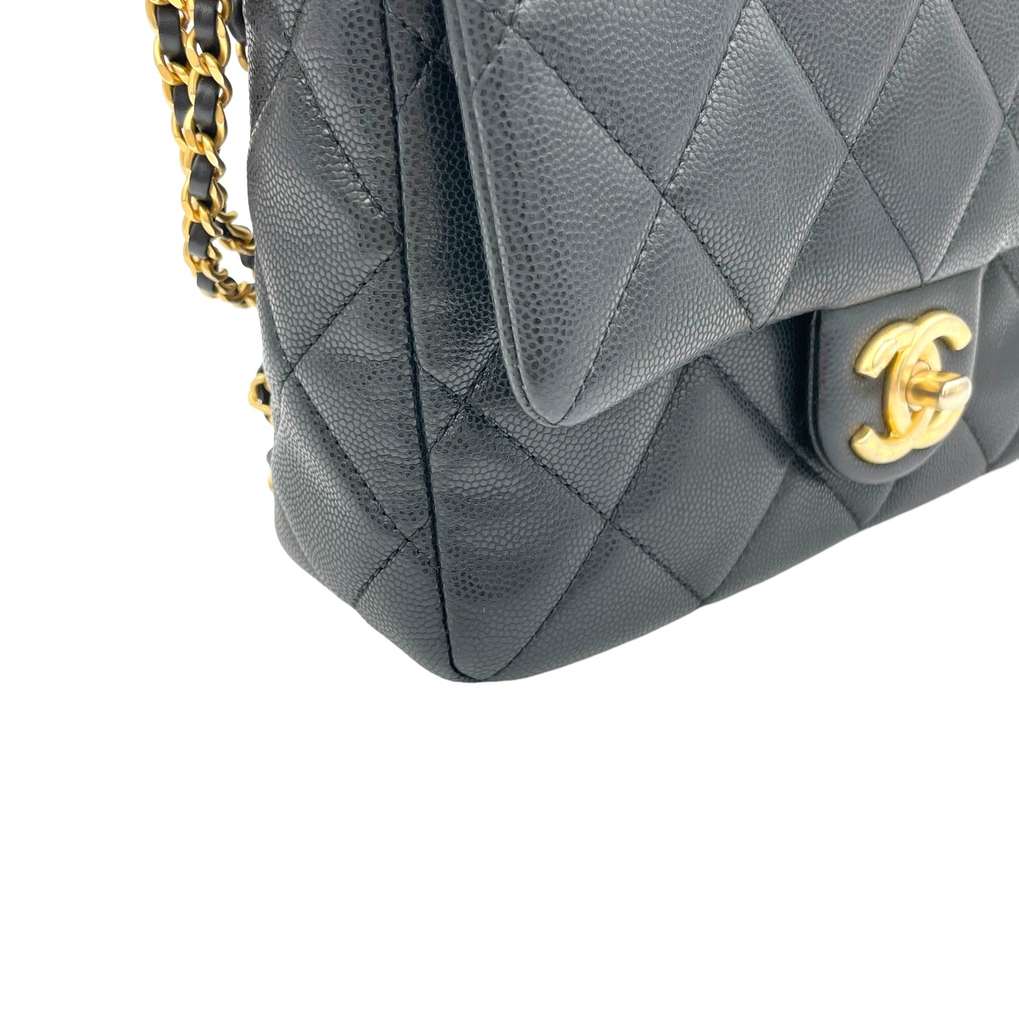 Square Quilt Black Crossbody Bag in Caviar Leather, Gold hardware