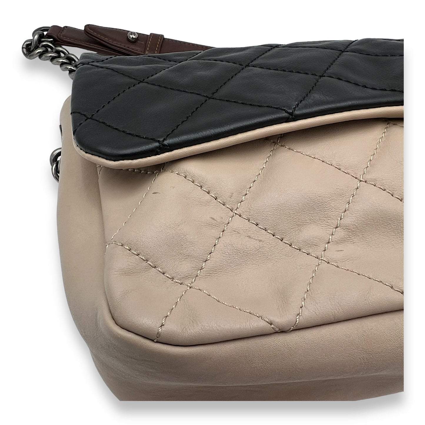 Flap Navy, Beige and Brown Crossbody Bag in Calfskin, Ruthenium hardware