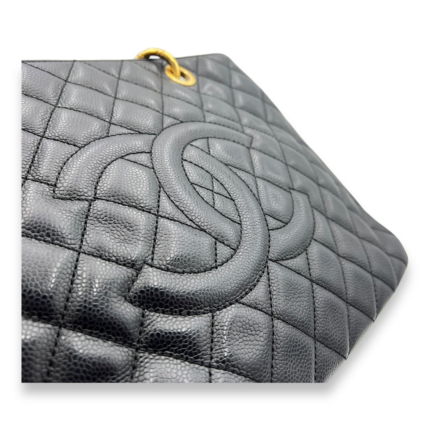 GST Large Black Tote Bag in Caviar Leather, Gold hardware