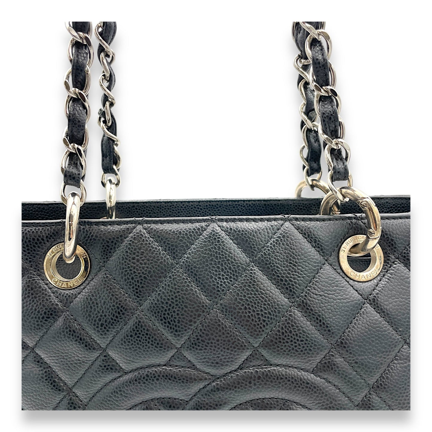 GST Black Tote Bag in Caviar Leather, Silver hardware