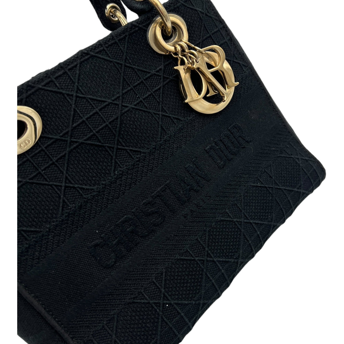 Lady D-Lite Medium Black Top Handle Bag in Canvas, Gold hardware