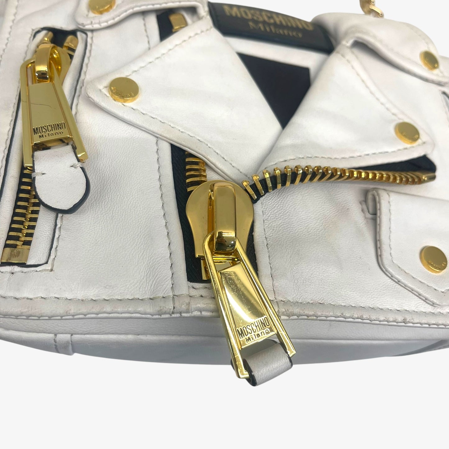 Moschino White Leather Capsule Biker Jacket Shoulder Bag