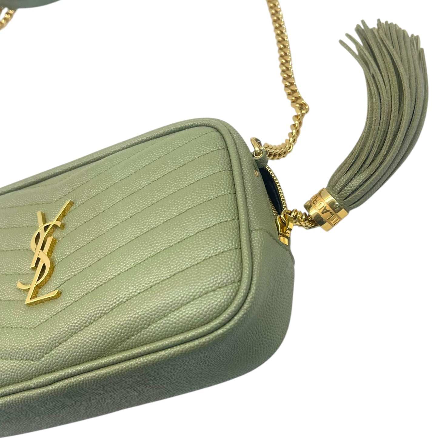 Yves Saint Laurent Light Sage Chevron Black Leather Monogram Chain Shoulder Bag