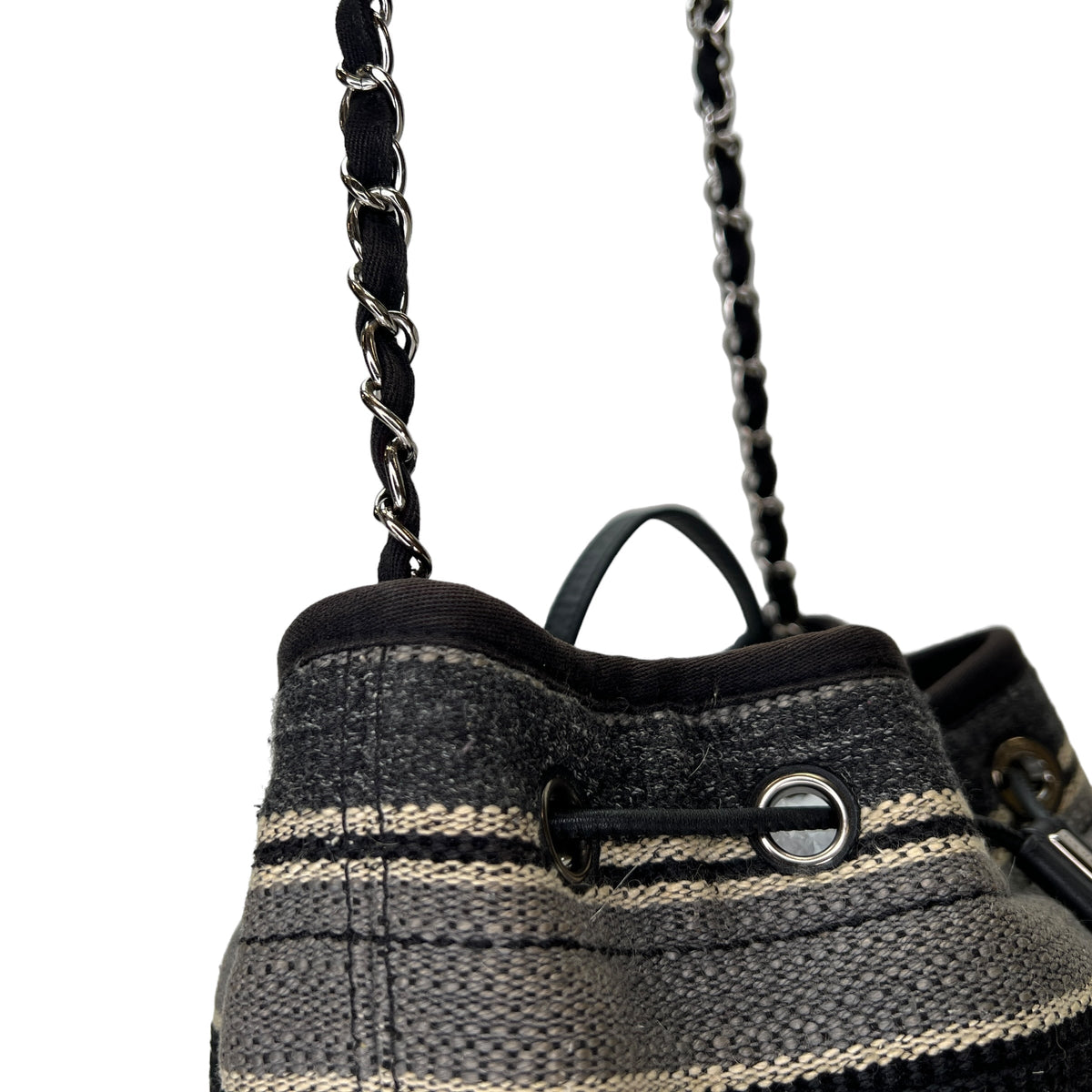 Deauville Drawstring Grey Bucket Bag in Canvas, Silver hardware