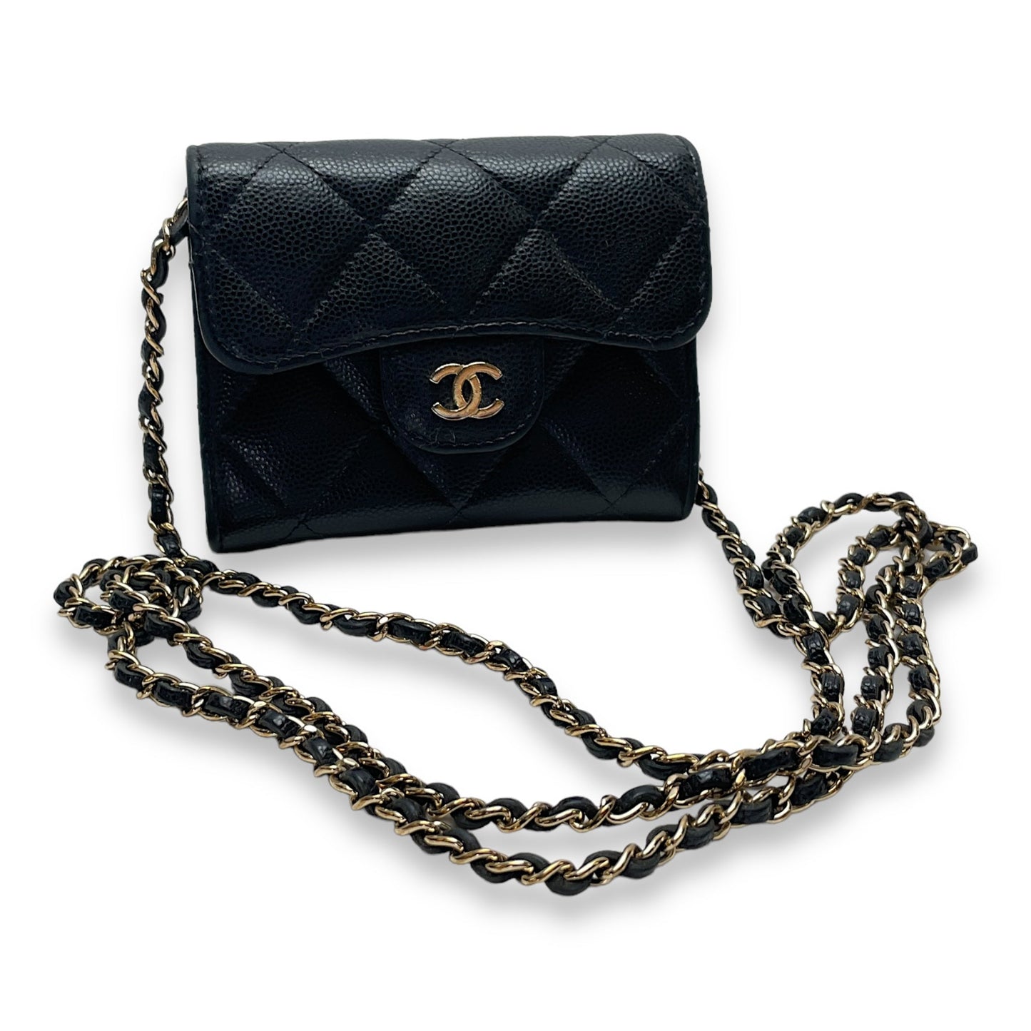 MATELASSE QUILTED Black Wallet on Chain in Caviar Leather, Gold hardware