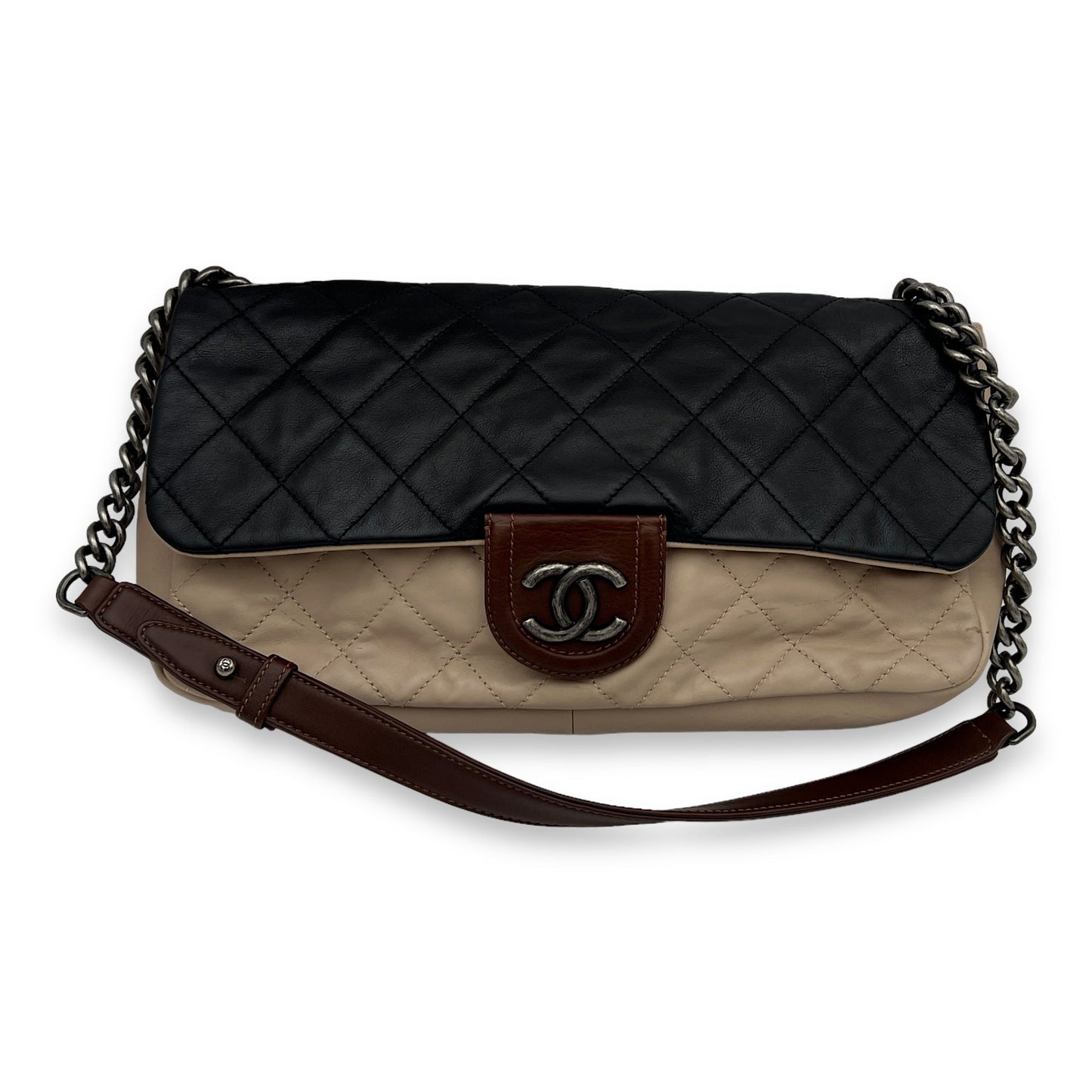 Flap Navy, Beige and Brown Crossbody Bag in Calfskin, Ruthenium hardware