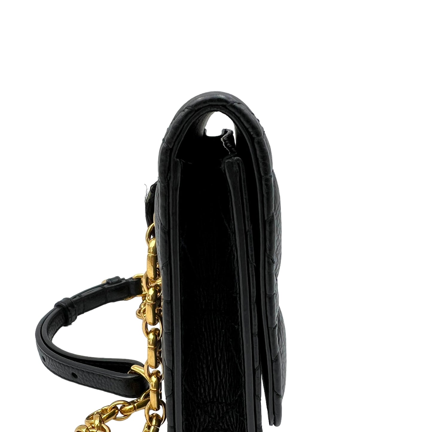 Caro Black Wallet On Chain in Calfskin, Gold hardware