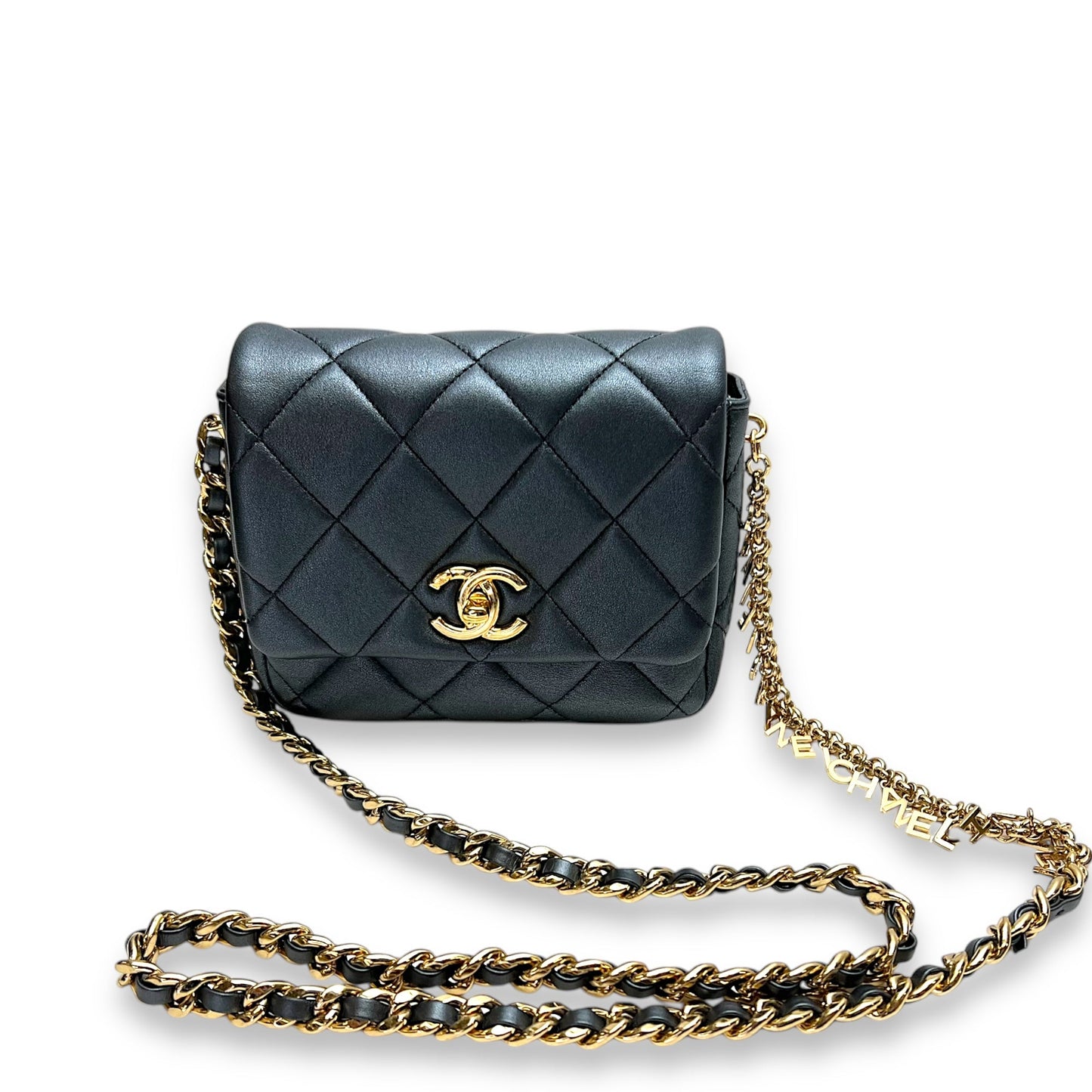 Charm chain Grey Crossbody Bag in Calfskin, Gold hardware