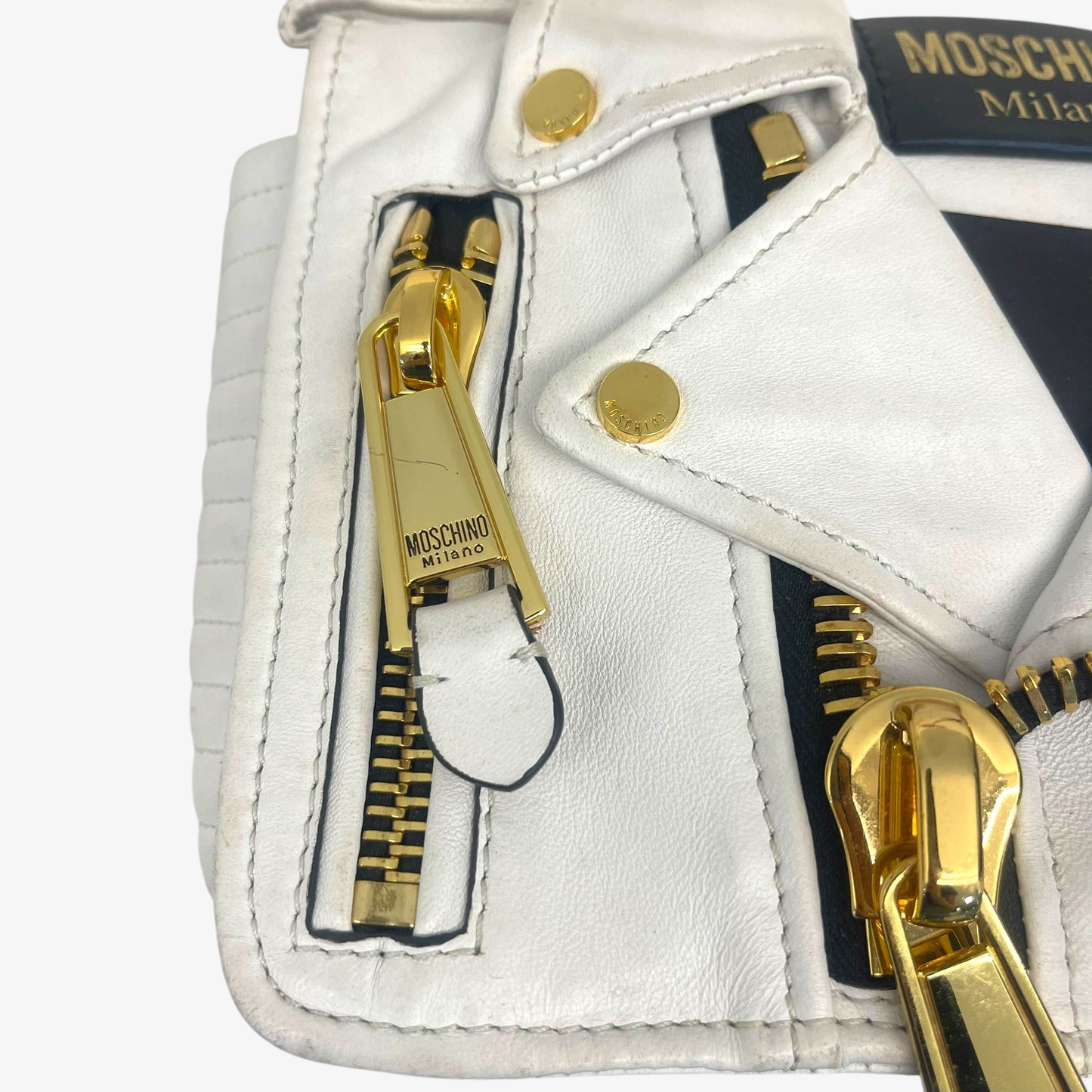 Moschino White Leather Capsule Biker Jacket Shoulder Bag