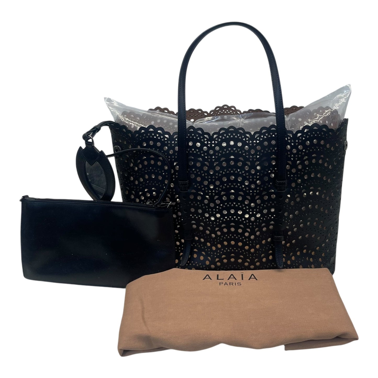 Alaia Black Leather Laser Cut Mina Tote Bag