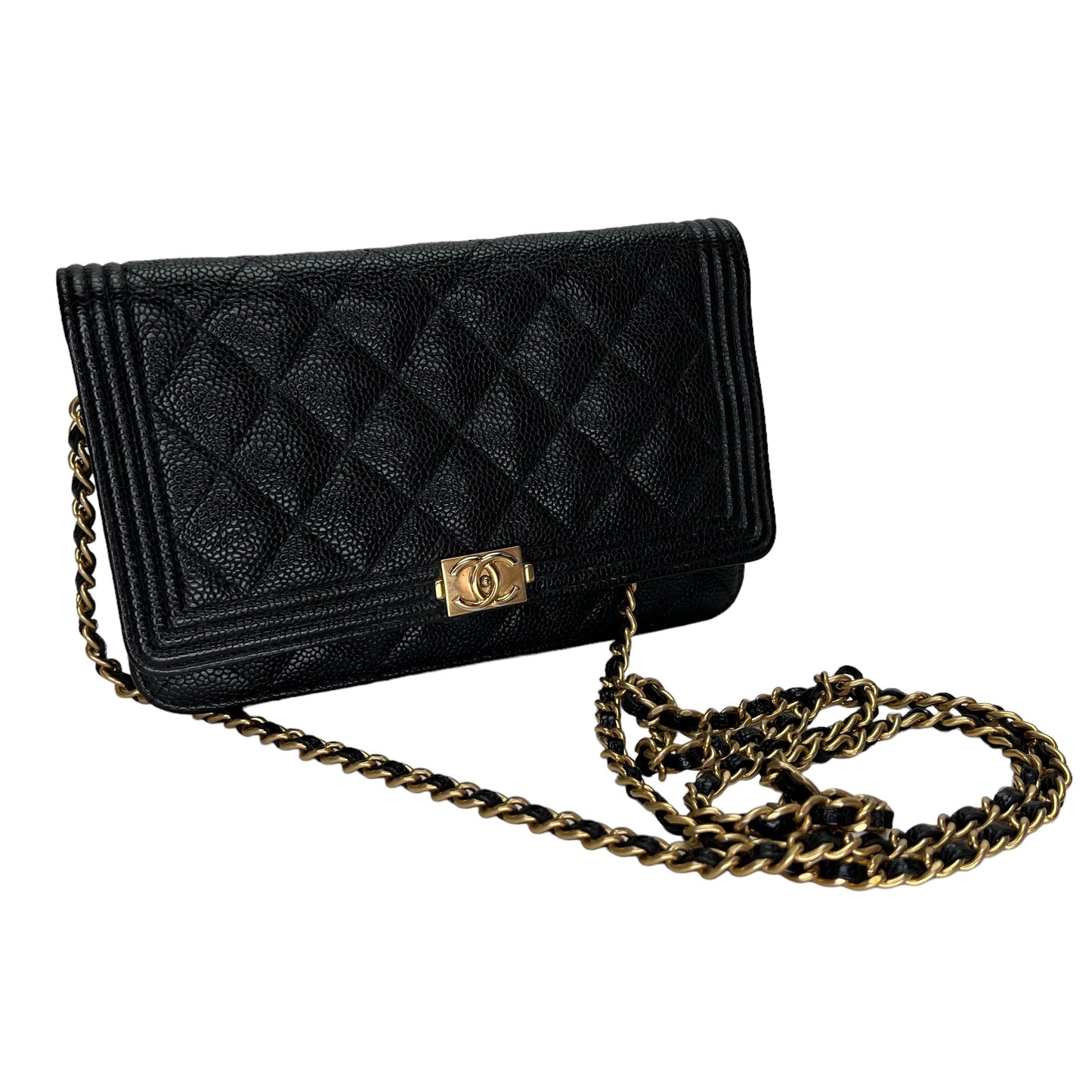 Boy Black Wallet On Chain in Caviar Leather, Gold hardware