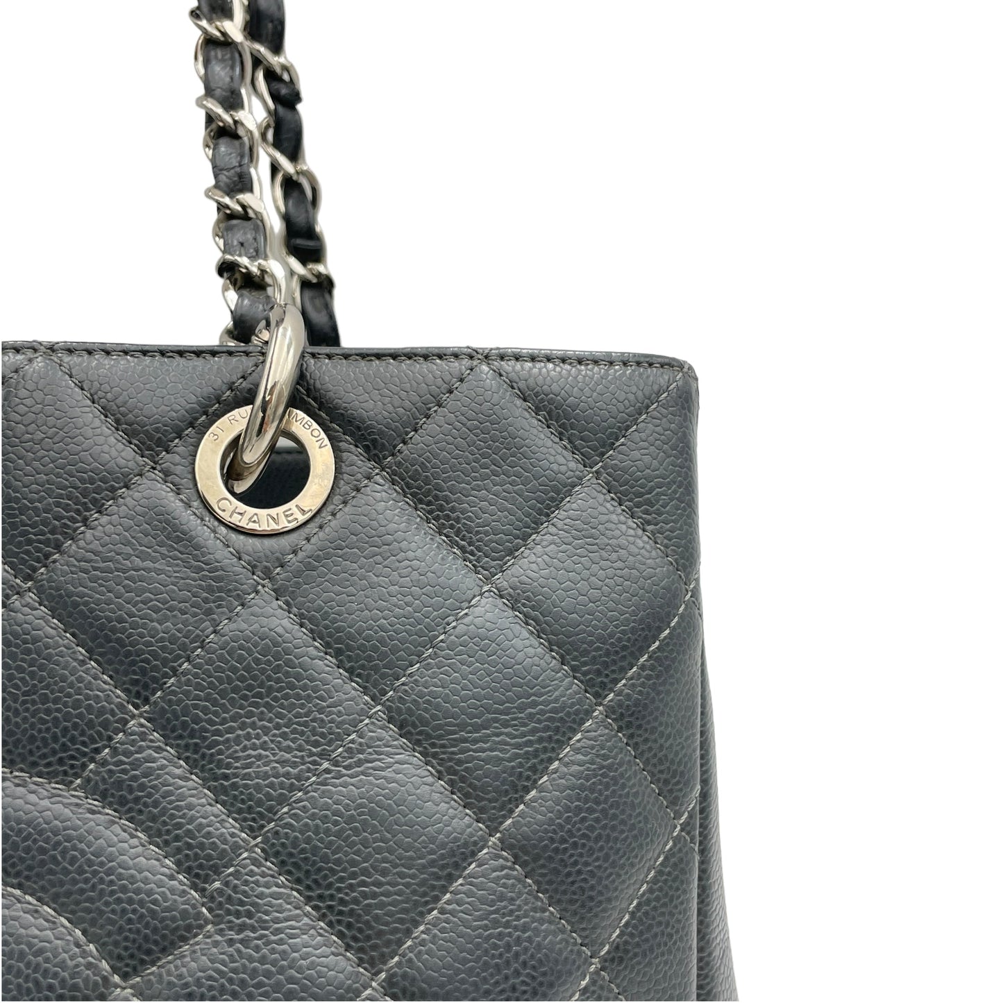 GST Grand Shopping Tote Grand Grey Tote Bag in Caviar Leather, Silver hardware