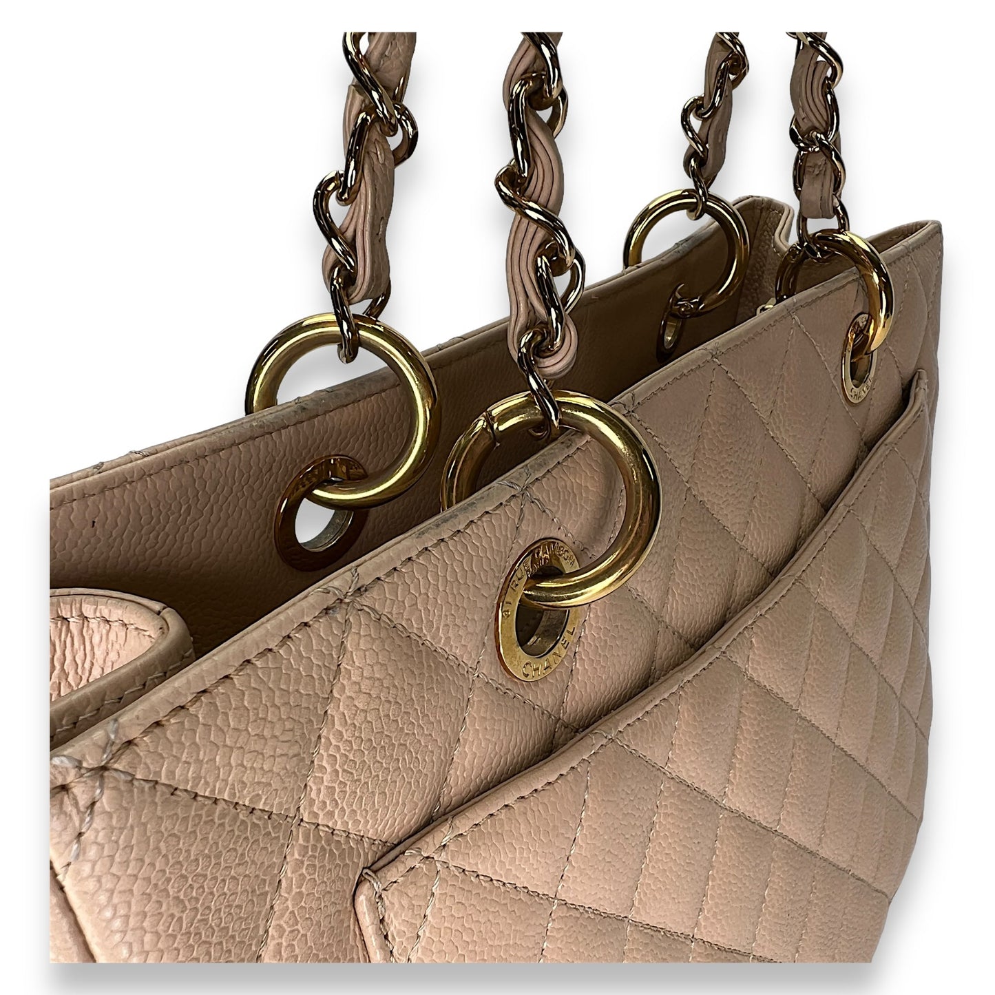 GST Grand Shopping Tote Beige Shoulder Bag in Caviar Leather, Gold hardware