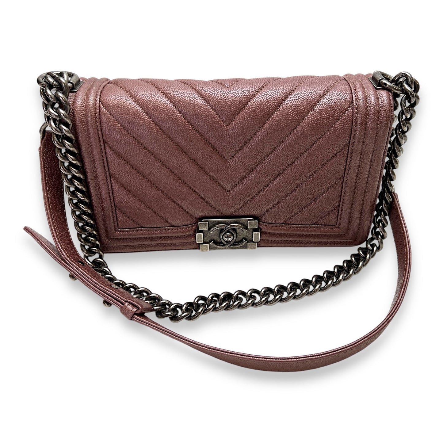 Boy Medium Purple Shoulder Bag in Caviar Leather, Ruthenium hardware