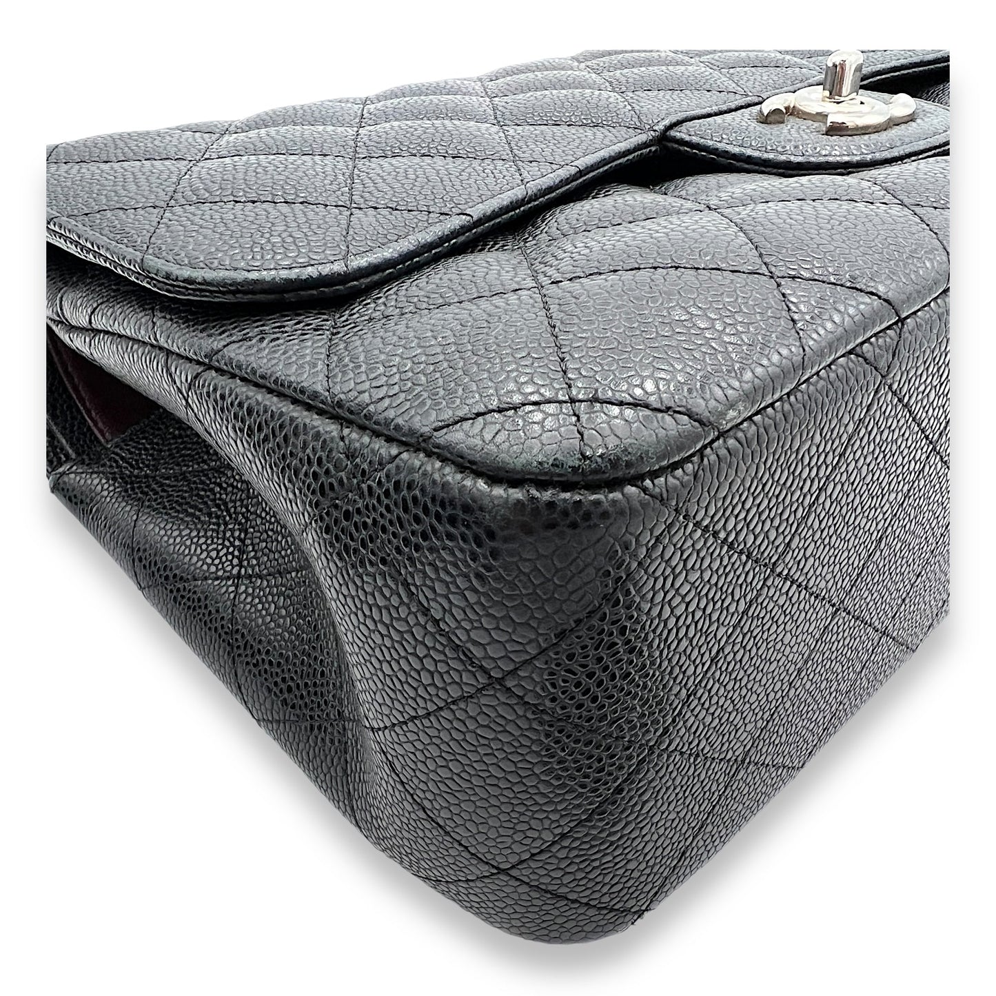 Classic Double Jumbo Black Shoulder Bag in Caviar Leather, Silver hardware