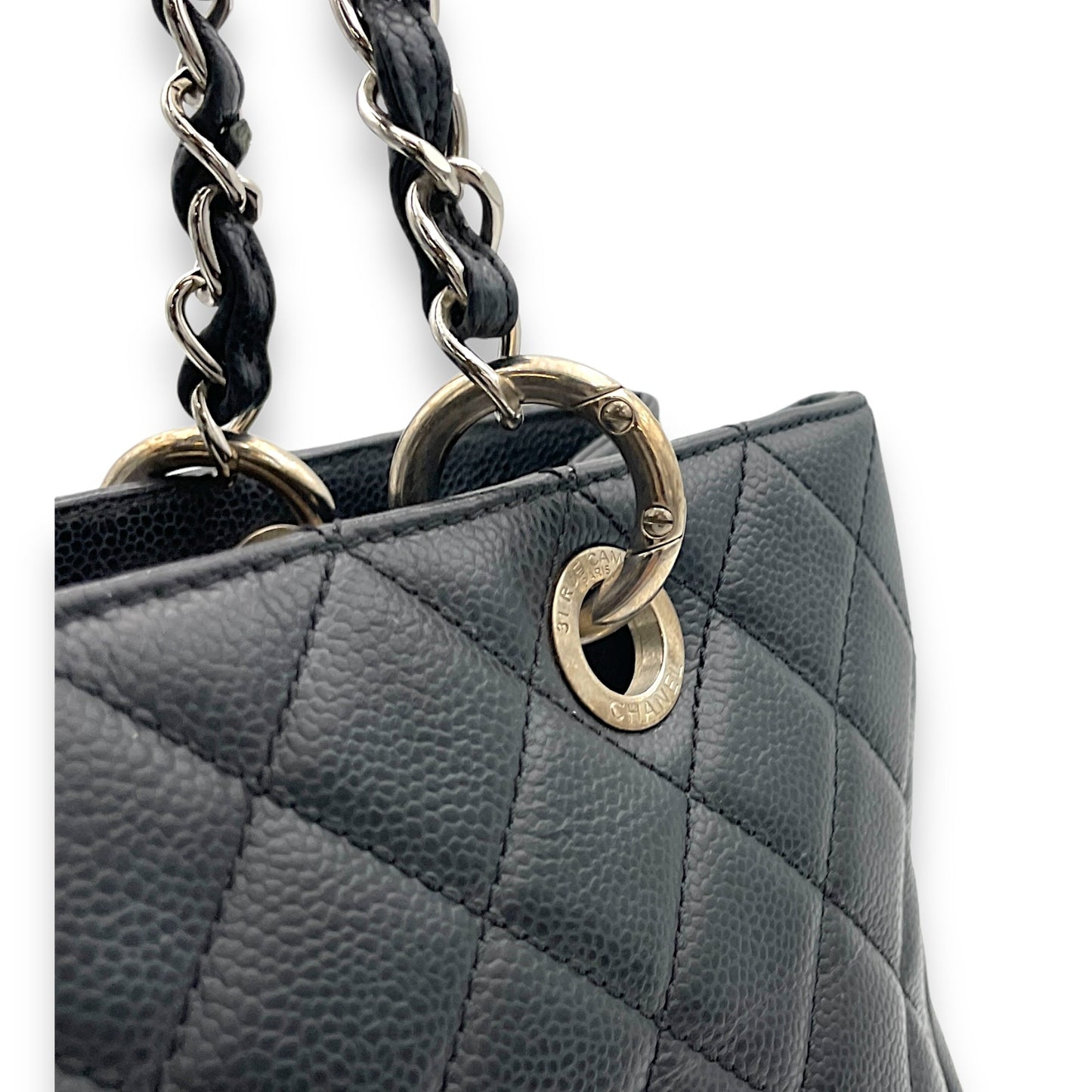 GST Black Tote Bag in Caviar Leather, Silver hardware