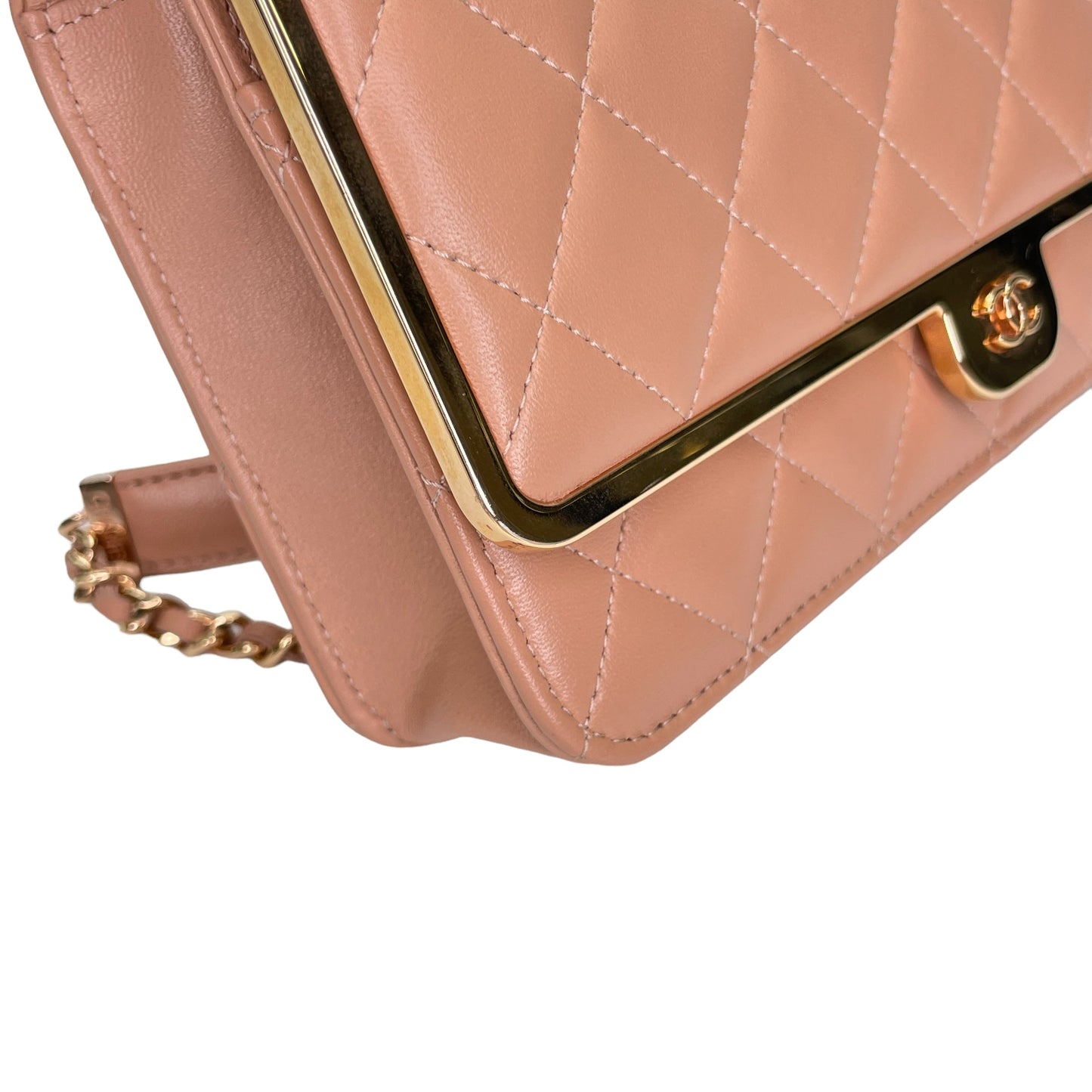 Quilted Frame Pink Wallet on Chain in Lambskin, Rose Gold hardware