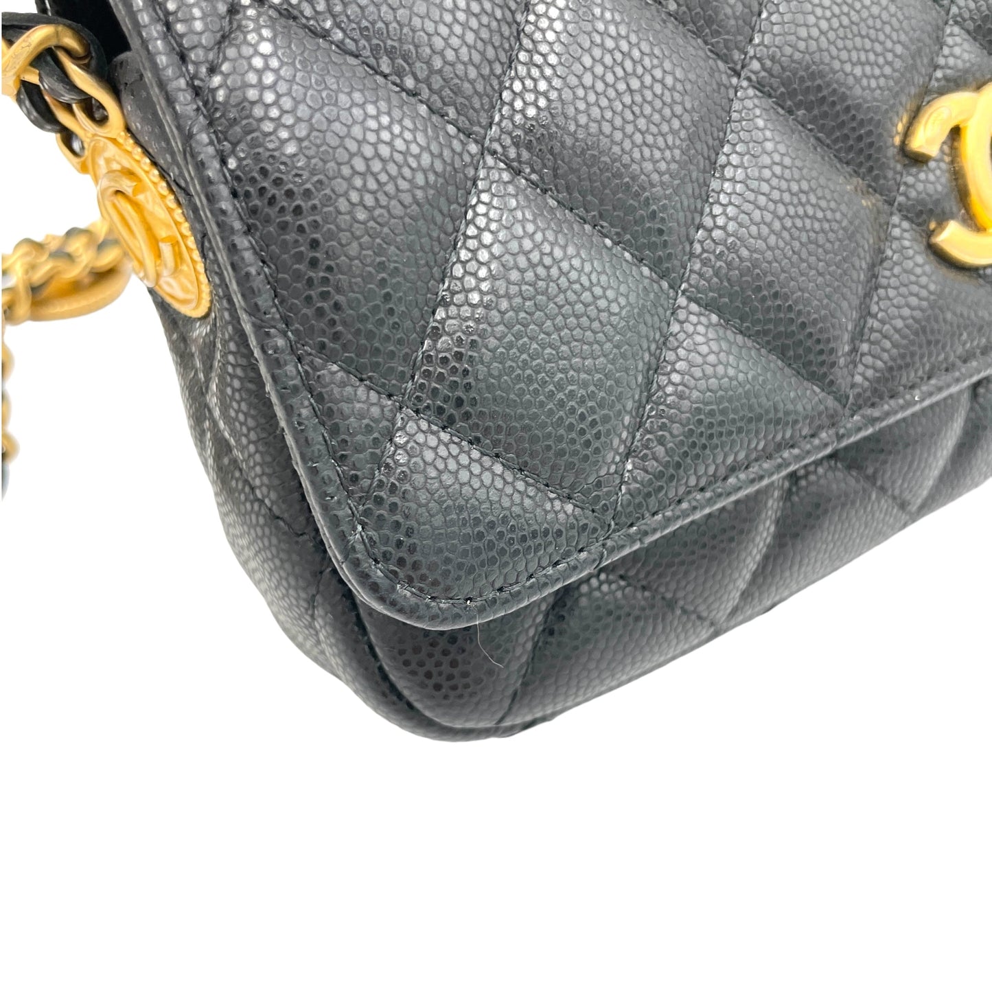 Twist Your Buttons Black Wallet On Chain in Caviar Leather, Gold hardware