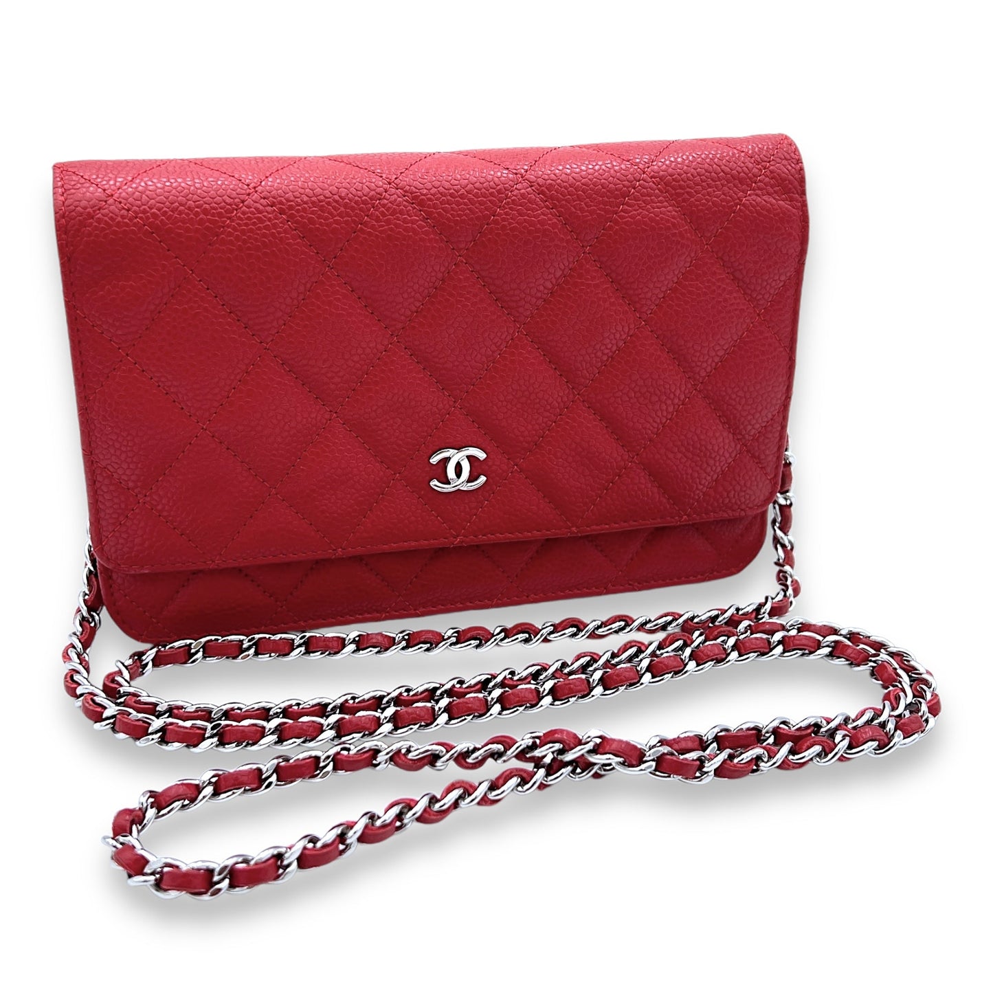 Others Wallet On Chain Red in Caviar Leather, Silver hardware