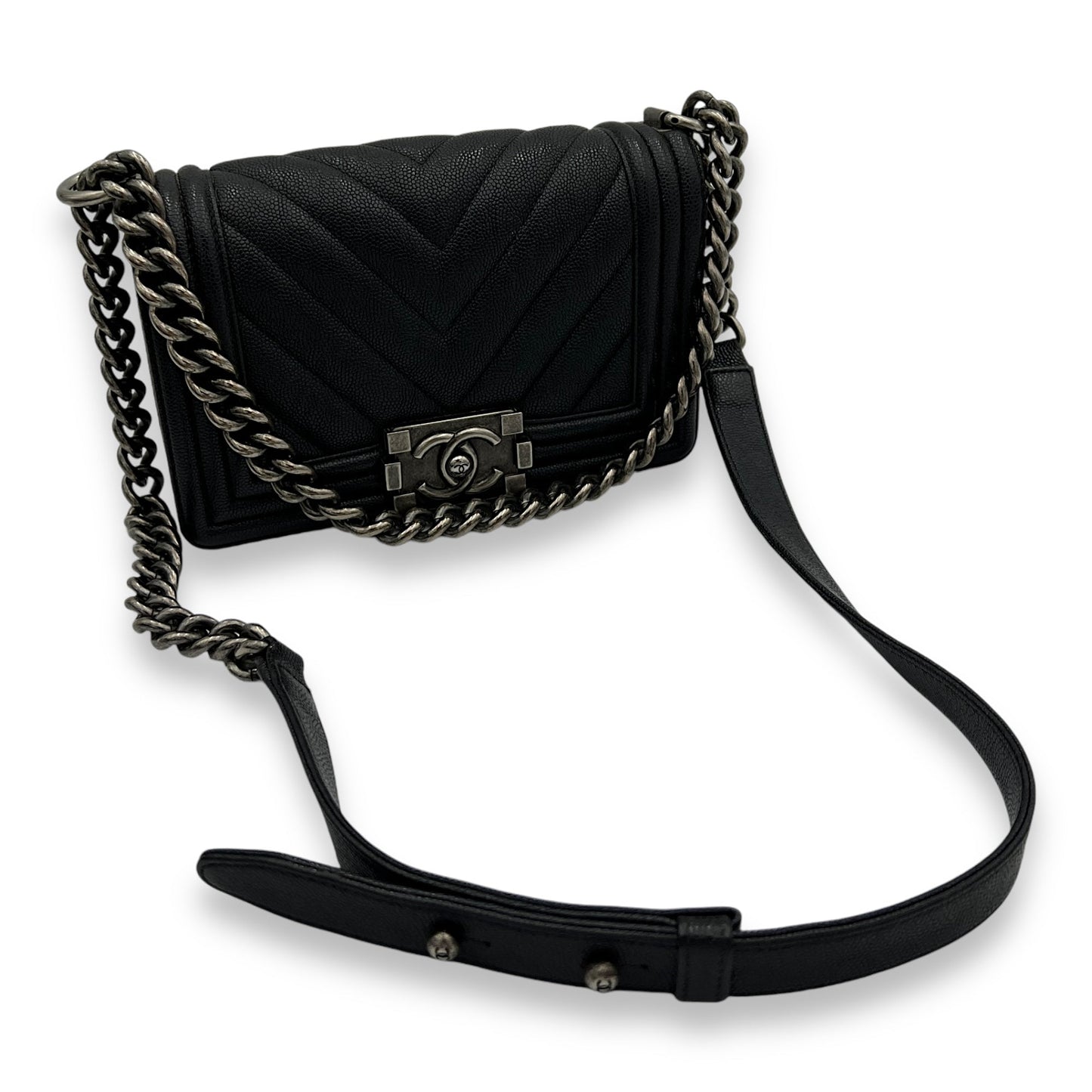 Boy Crossbody Bag Black in Caviar Leather, Ruthenium hardware