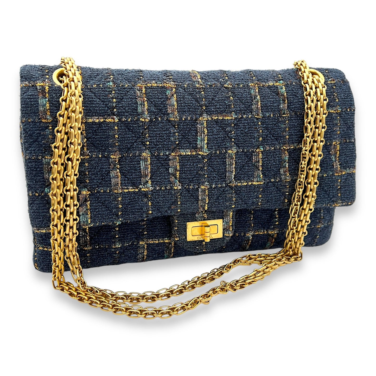 Fantasy 2.55 Reissue Blue Shoulder Bag in Tweed, Gold hardware