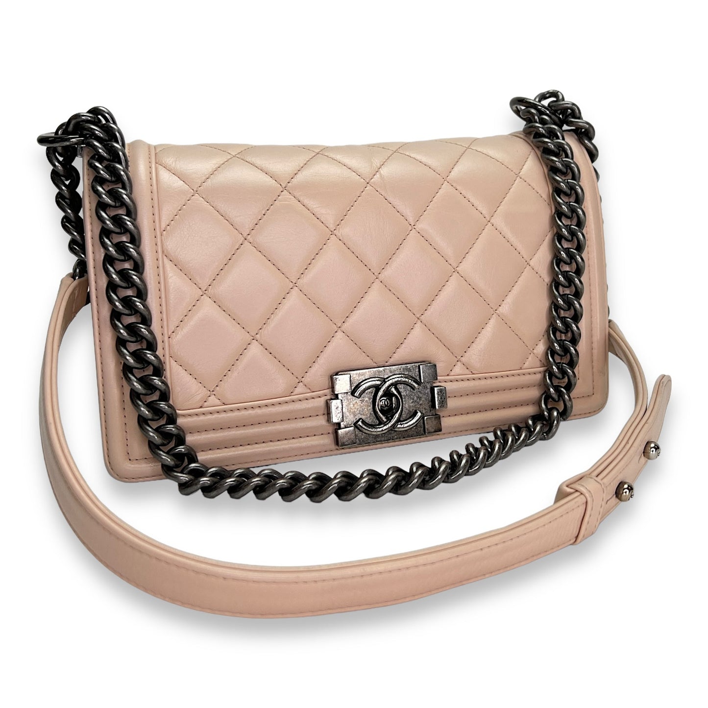 Boy Crossbody Bag Medium Beige in Calfskin , Ruthenium Hardware