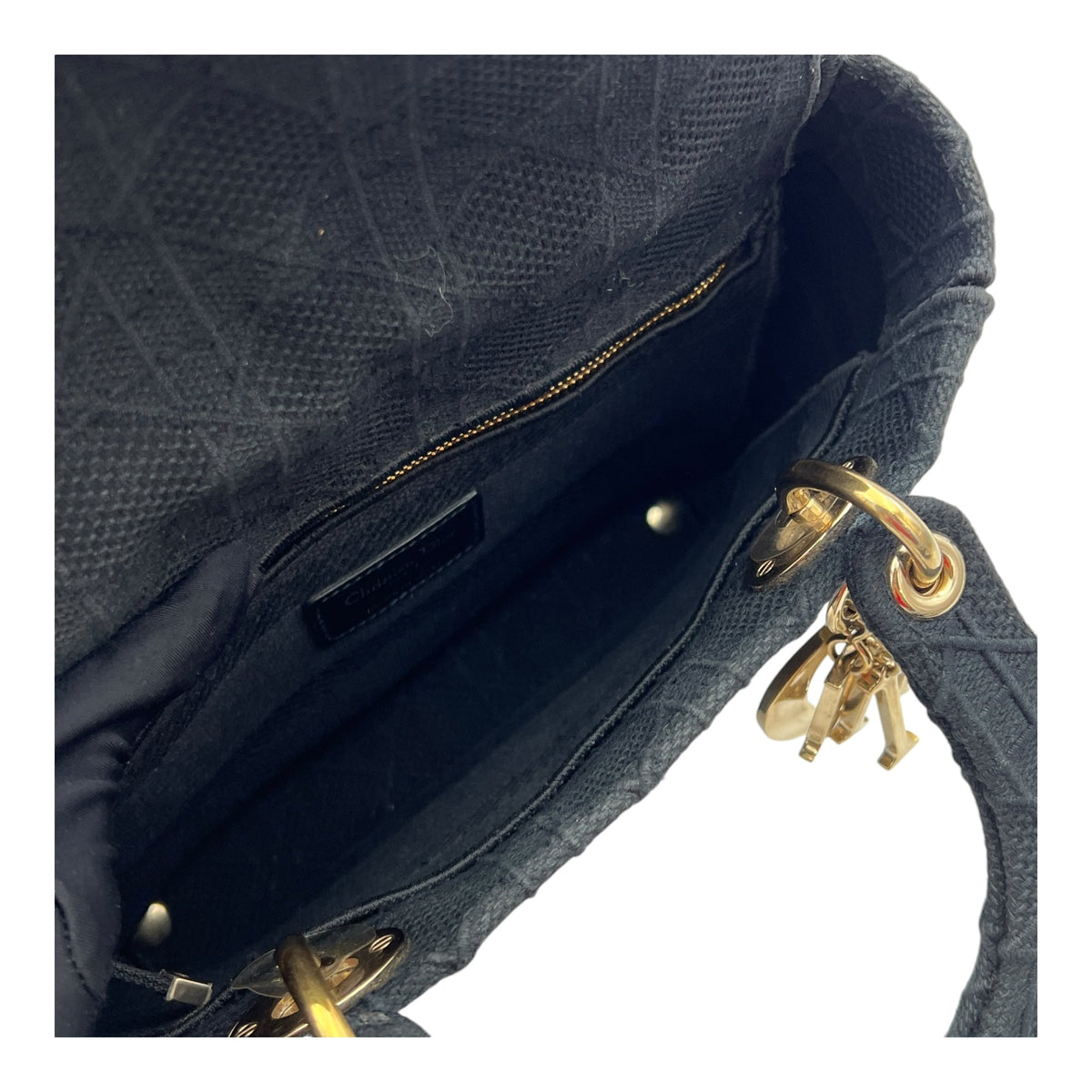 Lady D-Lite Medium Black Top Handle Bag in Canvas, Gold hardware