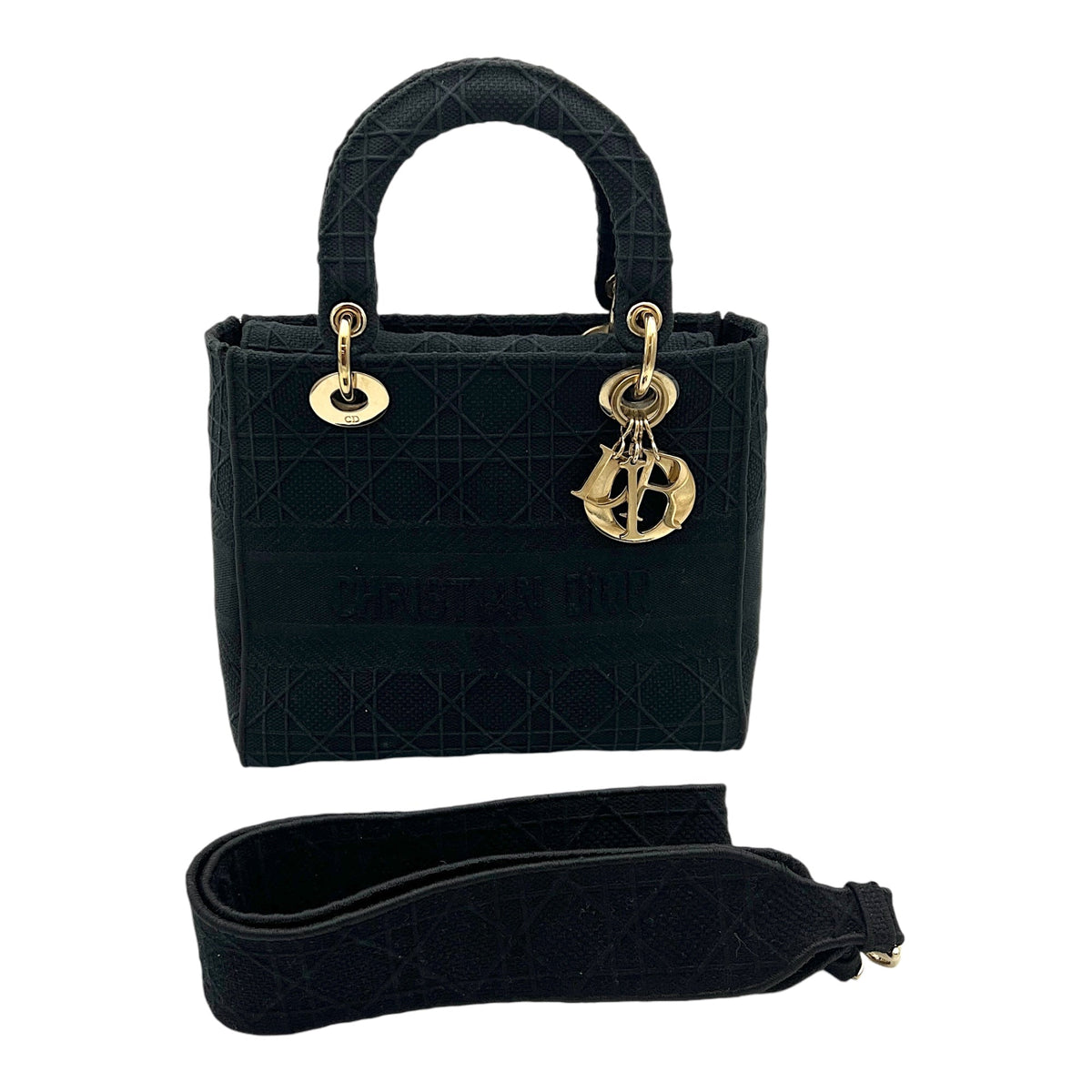 Lady D-Lite Medium Black Top Handle Bag in Canvas, Gold hardware
