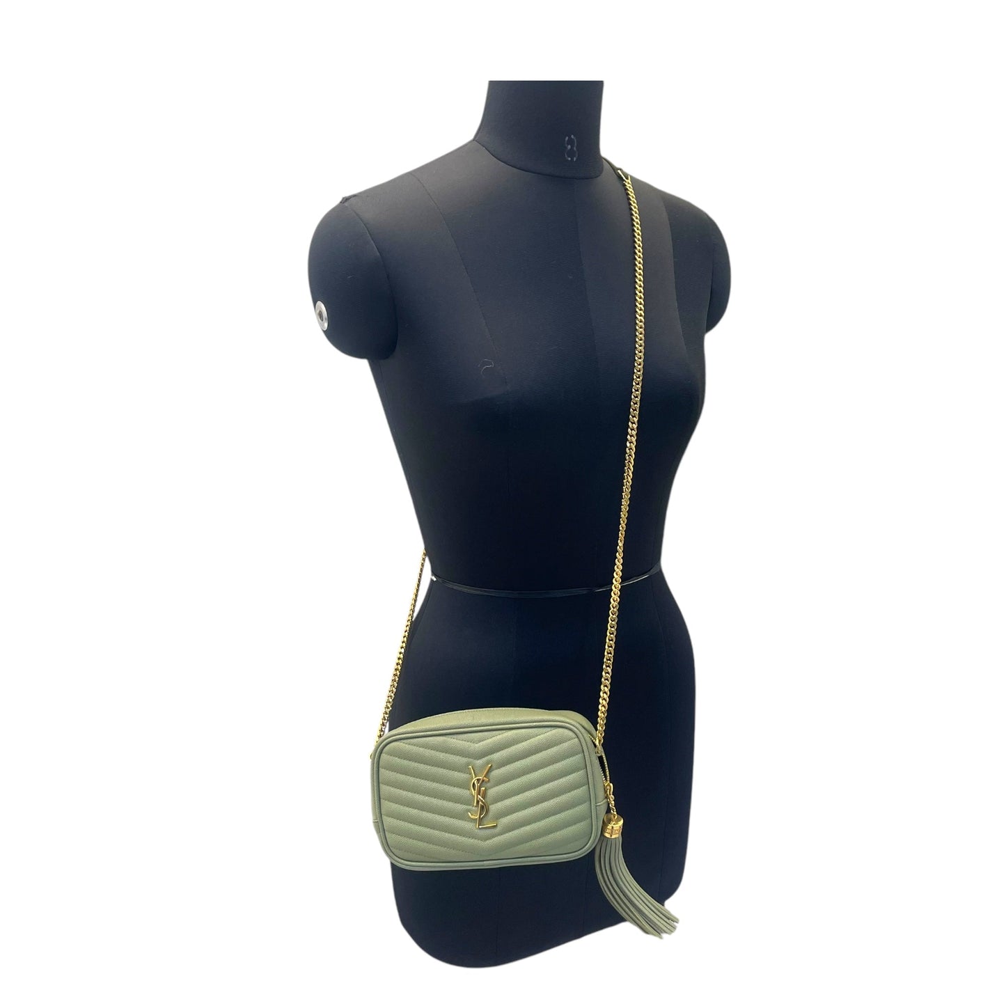 Yves Saint Laurent Light Sage Chevron Black Leather Monogram Chain Shoulder Bag