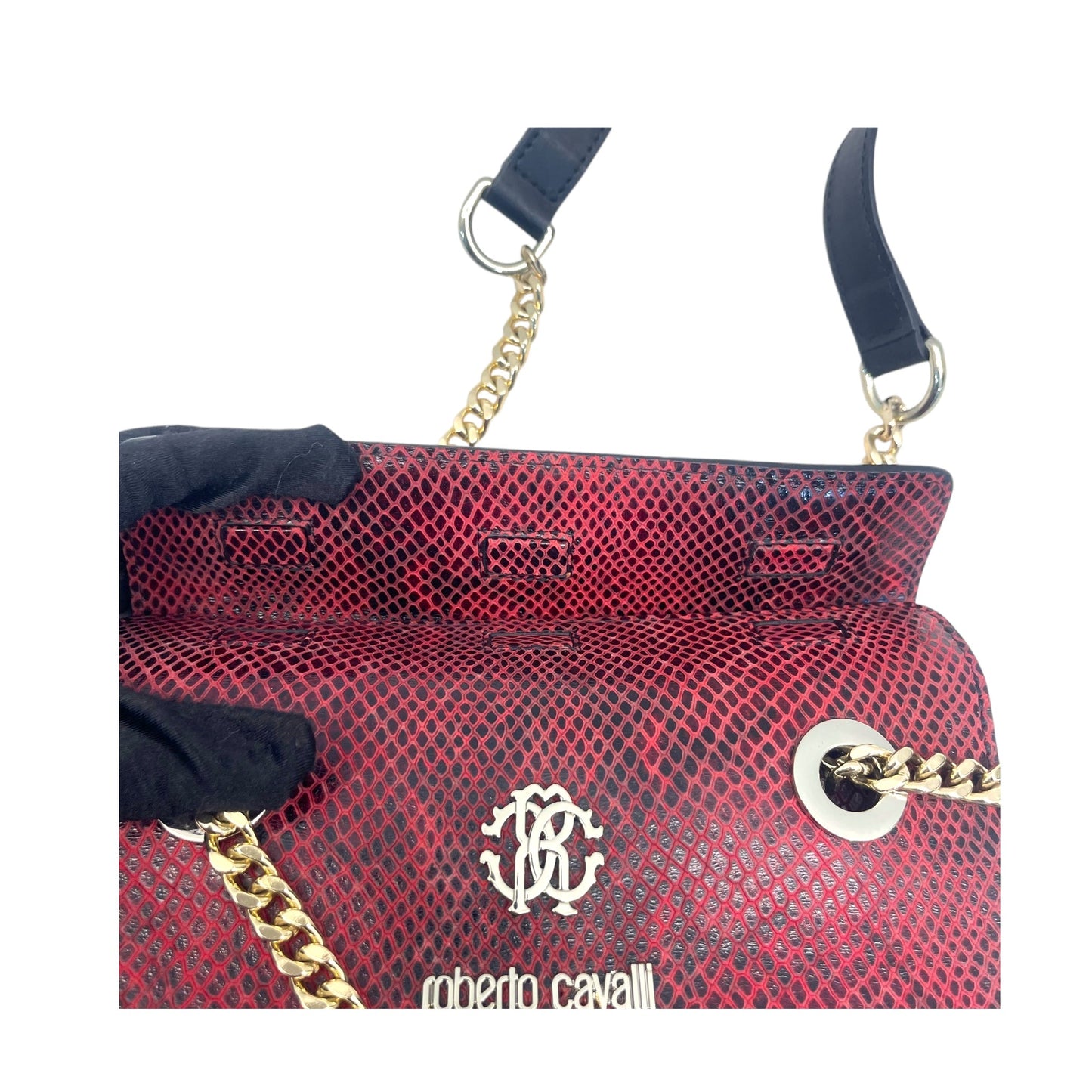 Roberto Cavalli Burgundy/Black Python Embossed Leather Chain Shoulder Bag