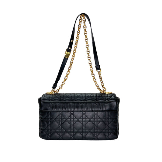 Caro Large Black Shoulder Bag in Calfskin, Gold hardware