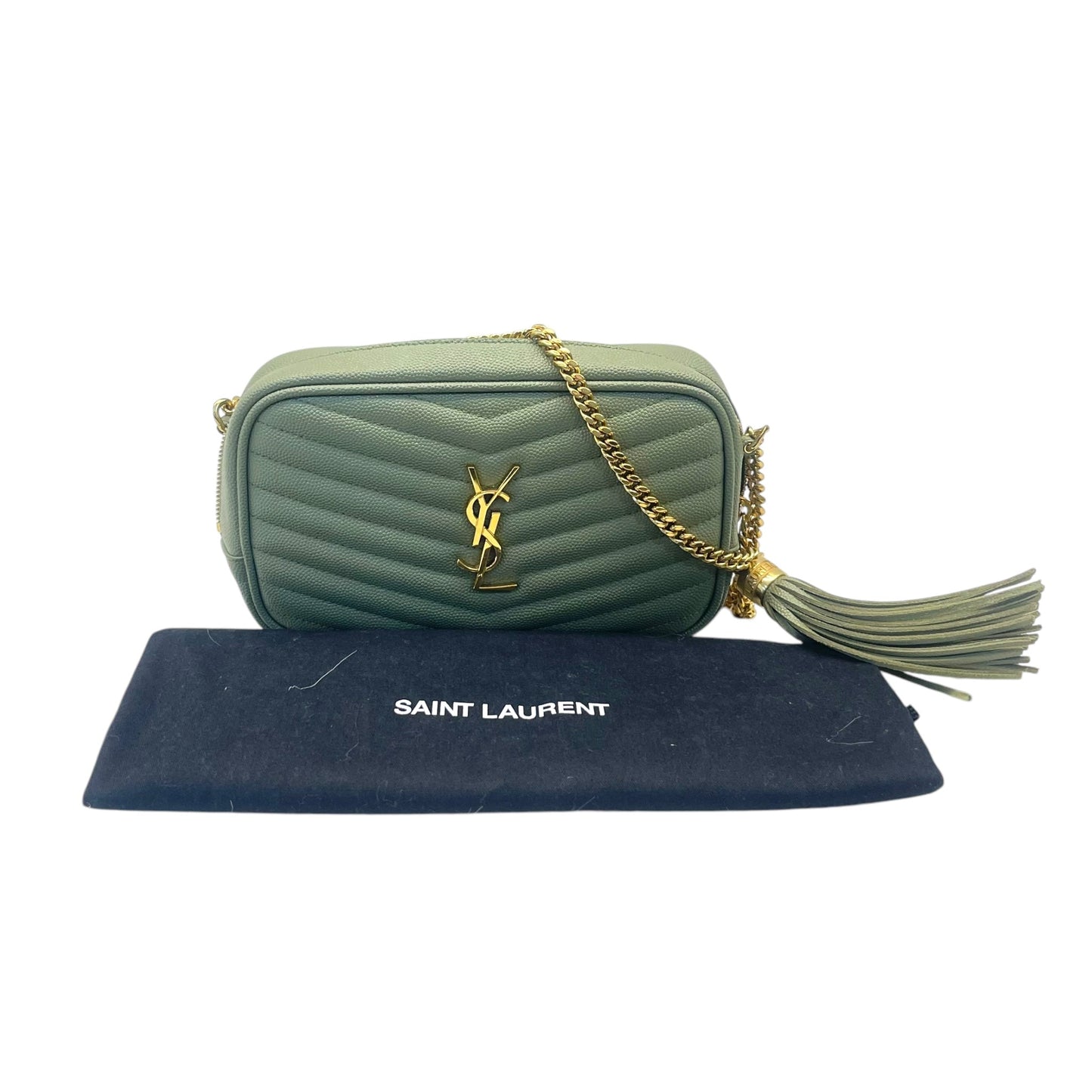 Yves Saint Laurent Light Sage Chevron Black Leather Monogram Chain Shoulder Bag