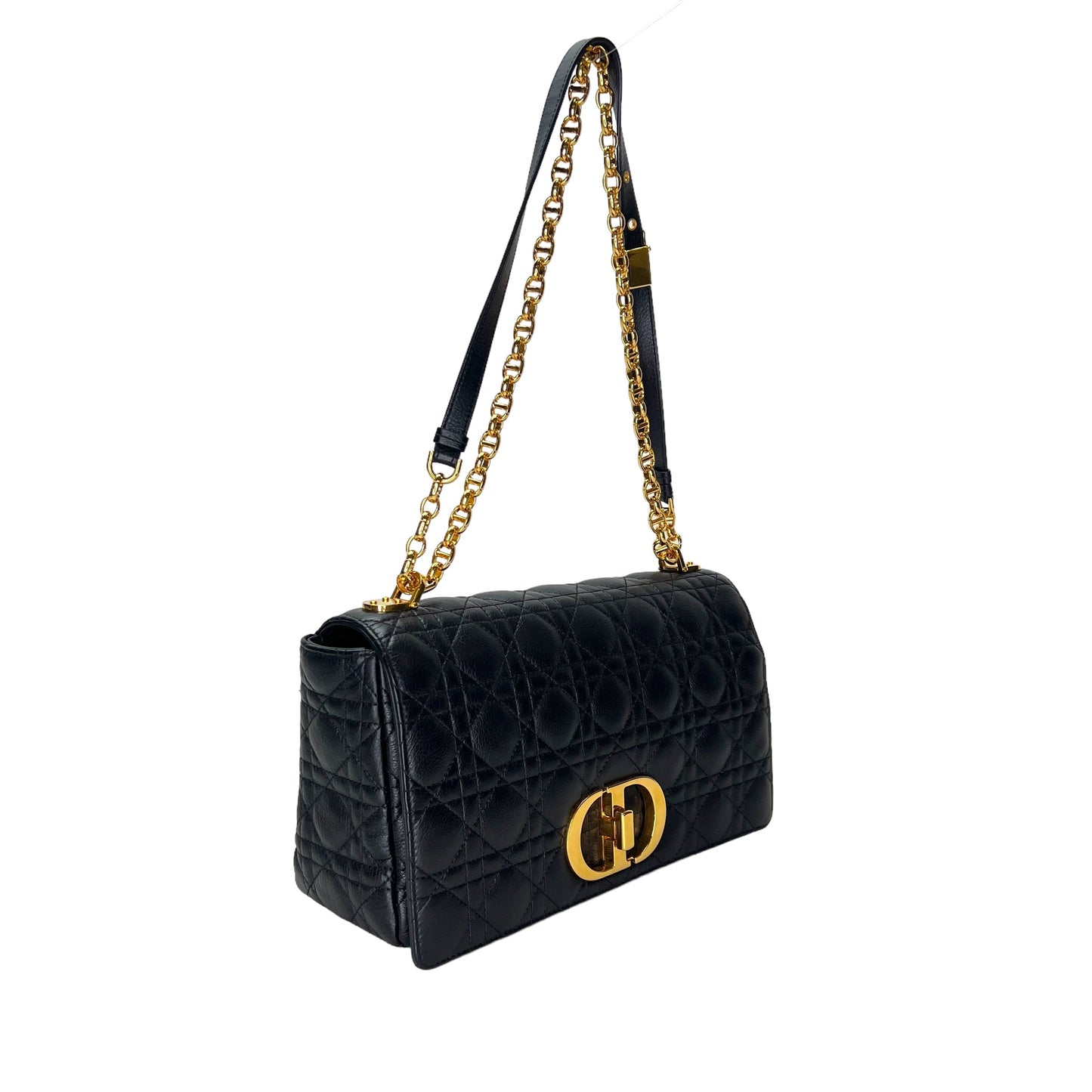 Caro Large Black Shoulder Bag in Calfskin, Gold hardware