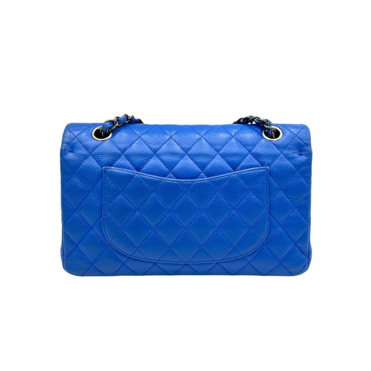 Classic Medium Blue Shoulder Bag in Caviar Leather, Ruthenium hardware