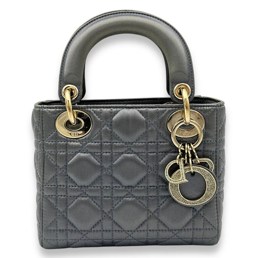 Lady Dior Top Handle Bag Mini Grey in Satin, Gold hardware