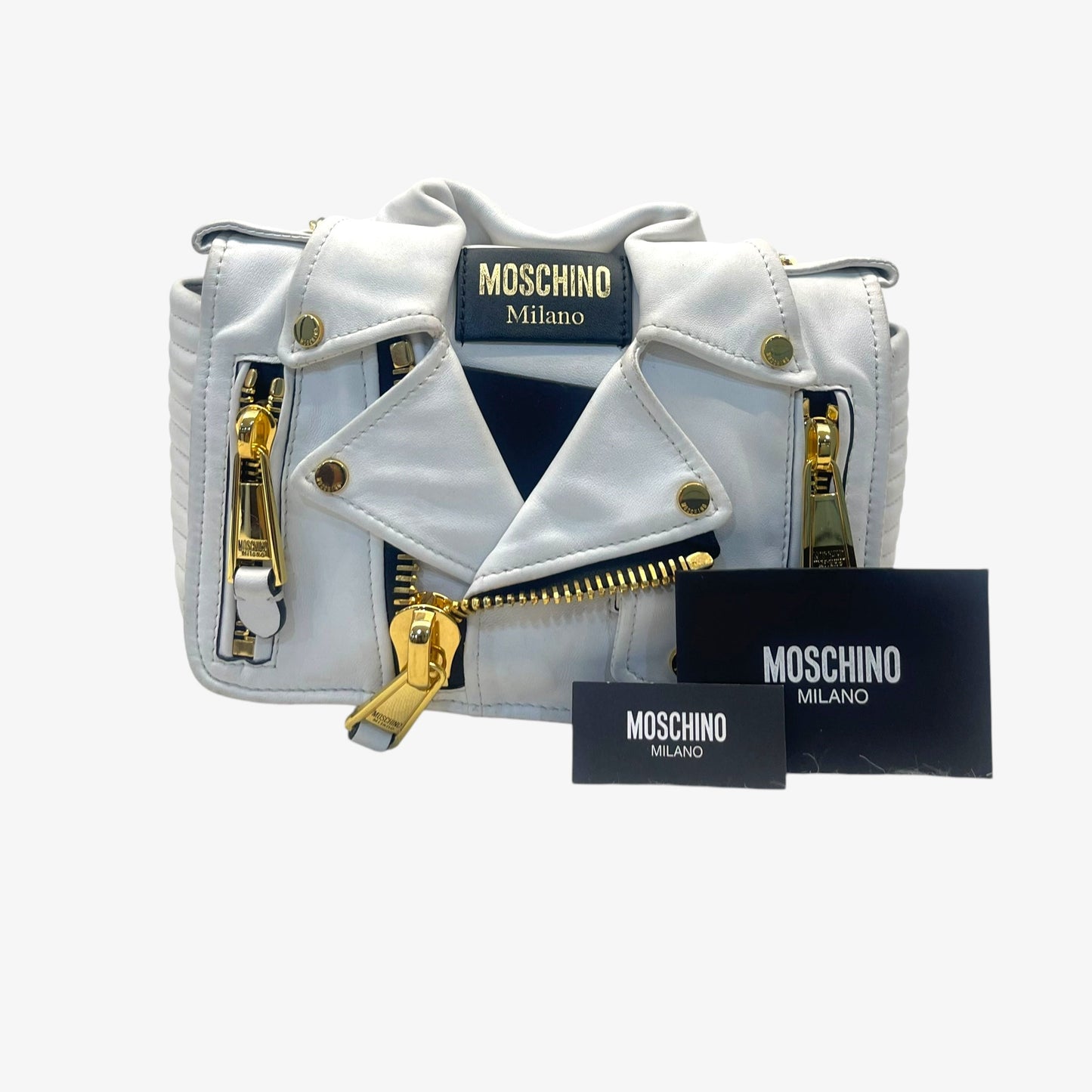 Moschino White Leather Capsule Biker Jacket Shoulder Bag