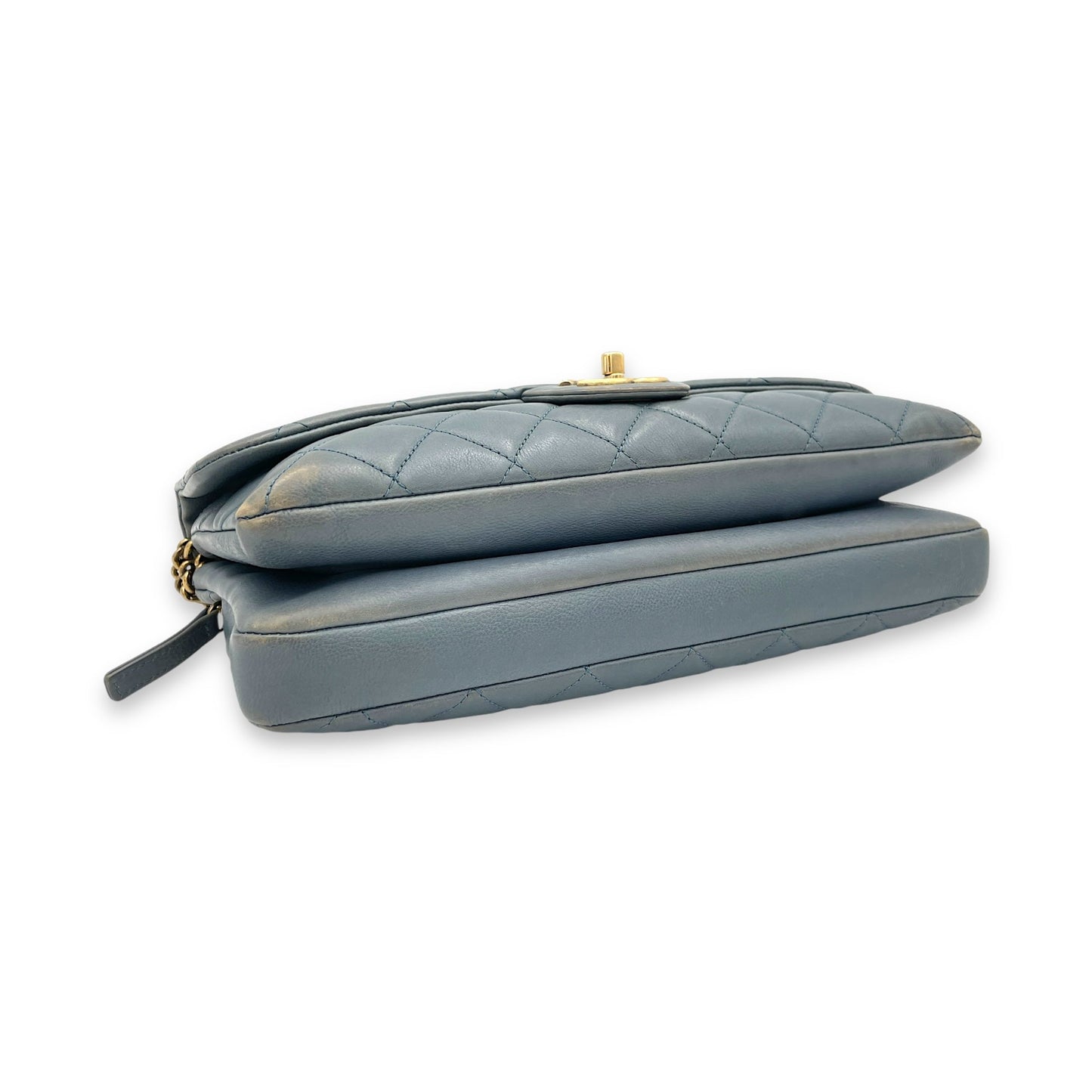 Double Crossbody Bag Grey in Calfskin, Gold hardware