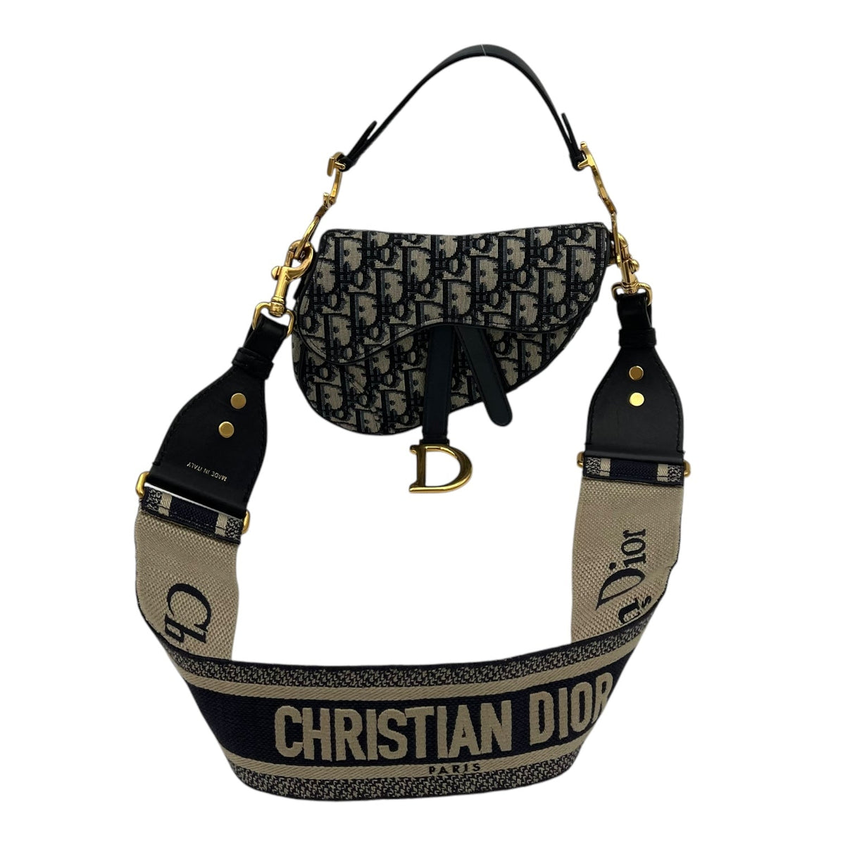 Saddle with Strap Mini Blue Top Handle Bag in Jacquard, Gold hardware
