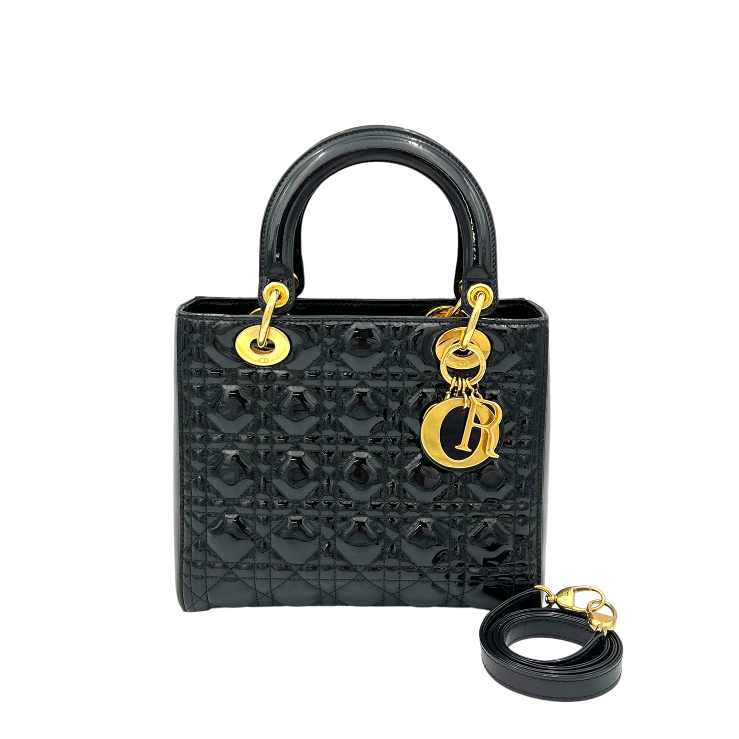 Lady Dior Medium Black Top Handle Bag in Patent Leather, Gold hardware