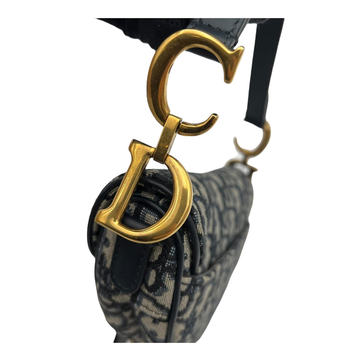 Saddle with Strap Mini Blue Top Handle Bag in Jacquard, Gold hardware