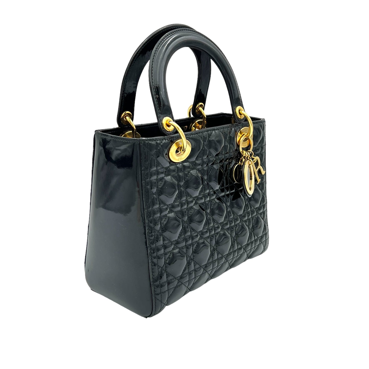 Lady Dior Medium Black Top Handle Bag in Patent Leather, Gold hardware